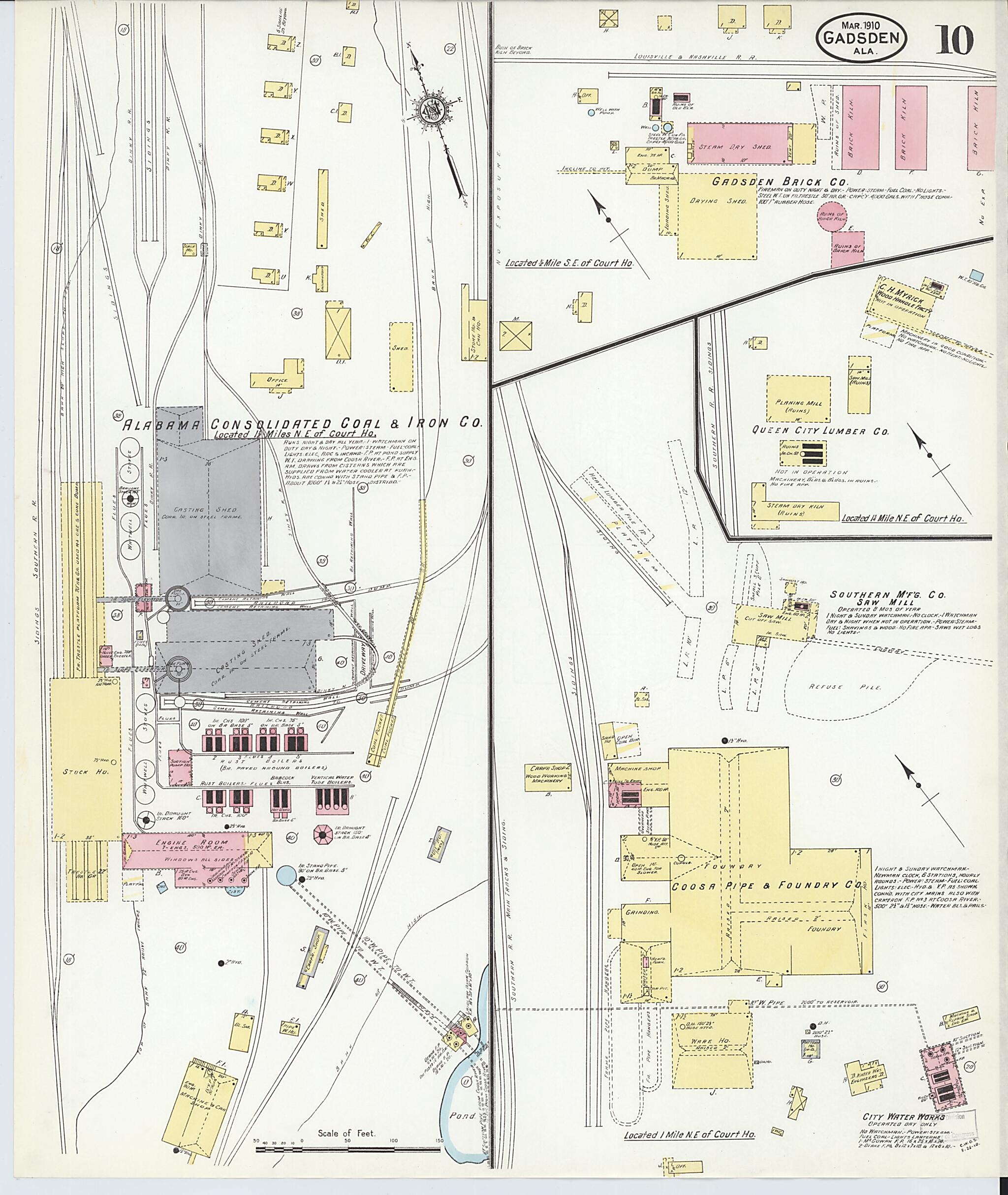 This old map of Gadsden, Etowah County, Alabama was created by Sanborn Map Company in 1910