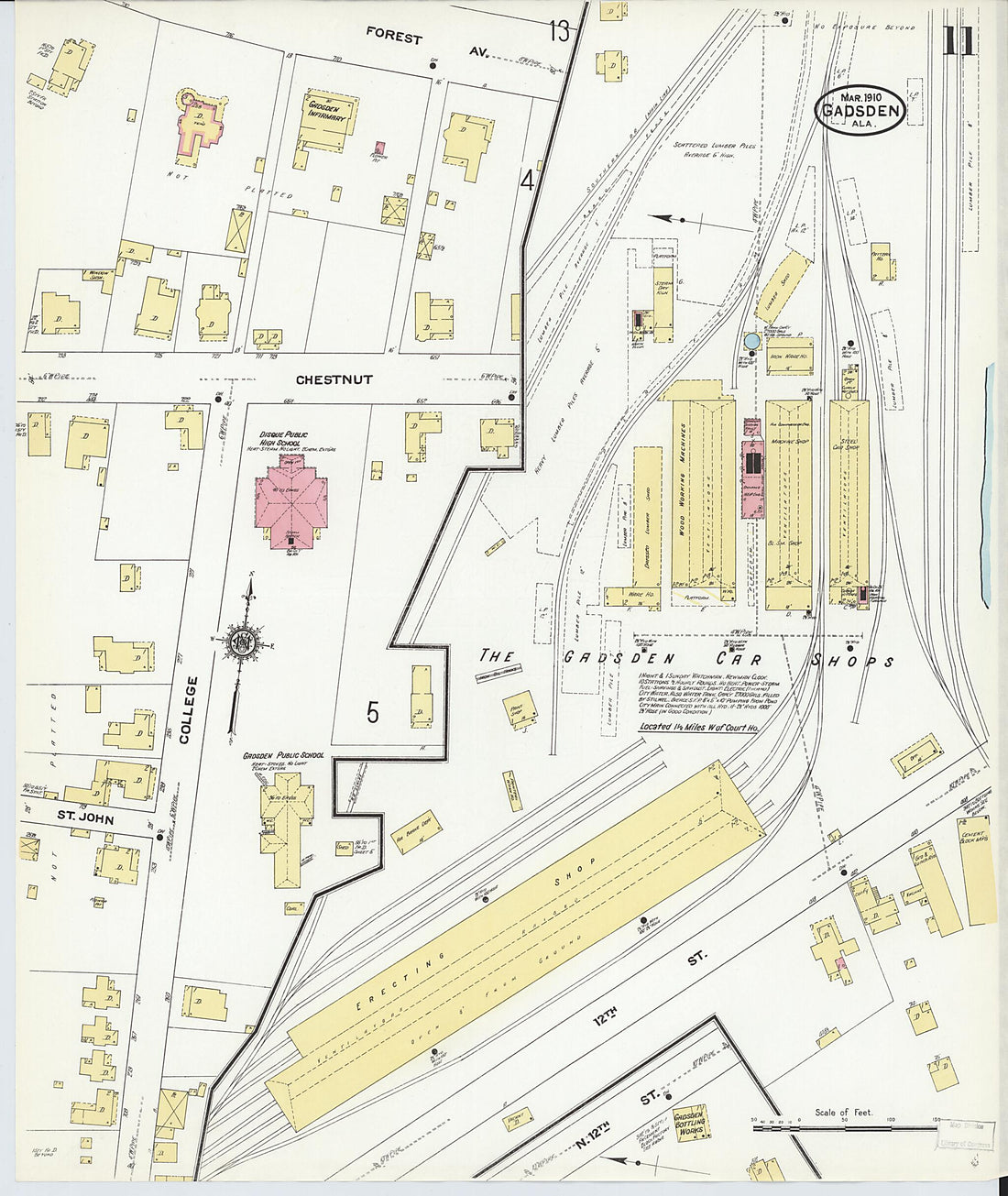 This old map of Gadsden, Etowah County, Alabama was created by Sanborn Map Company in 1910