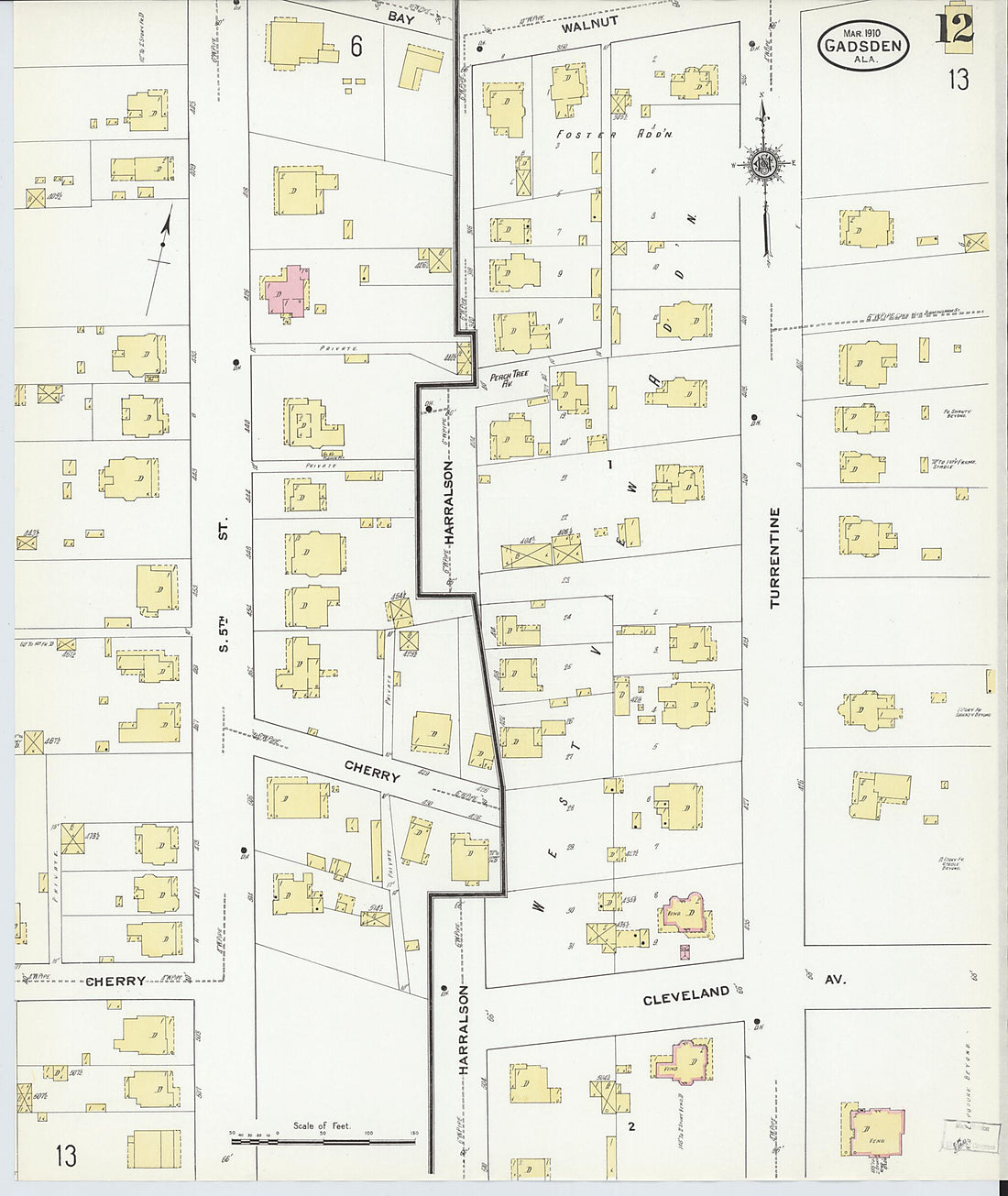 This old map of Gadsden, Etowah County, Alabama was created by Sanborn Map Company in 1910