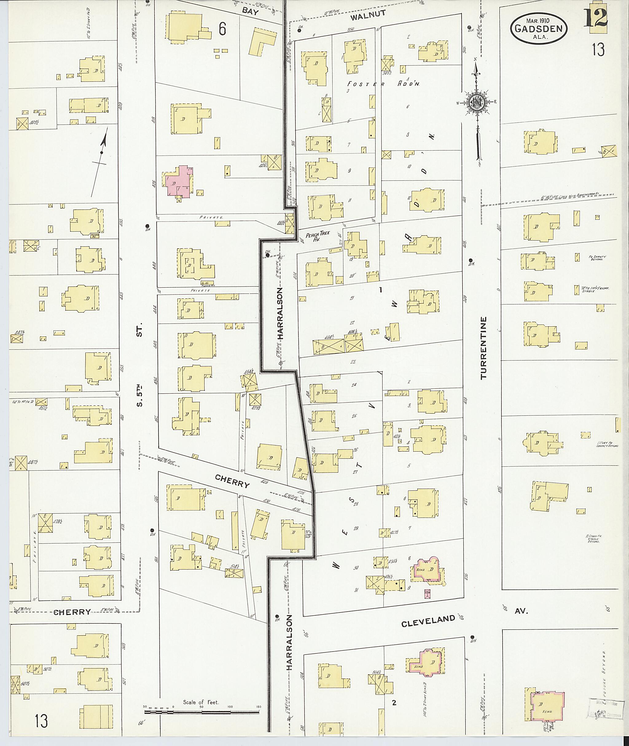 This old map of Gadsden, Etowah County, Alabama was created by Sanborn Map Company in 1910