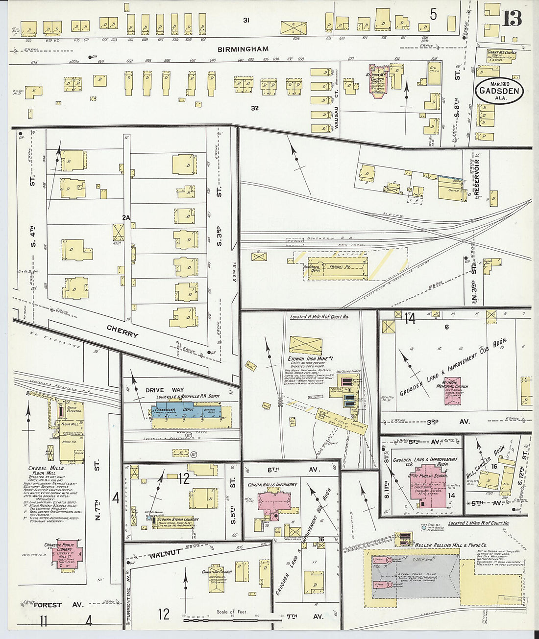 This old map of Gadsden, Etowah County, Alabama was created by Sanborn Map Company in 1910