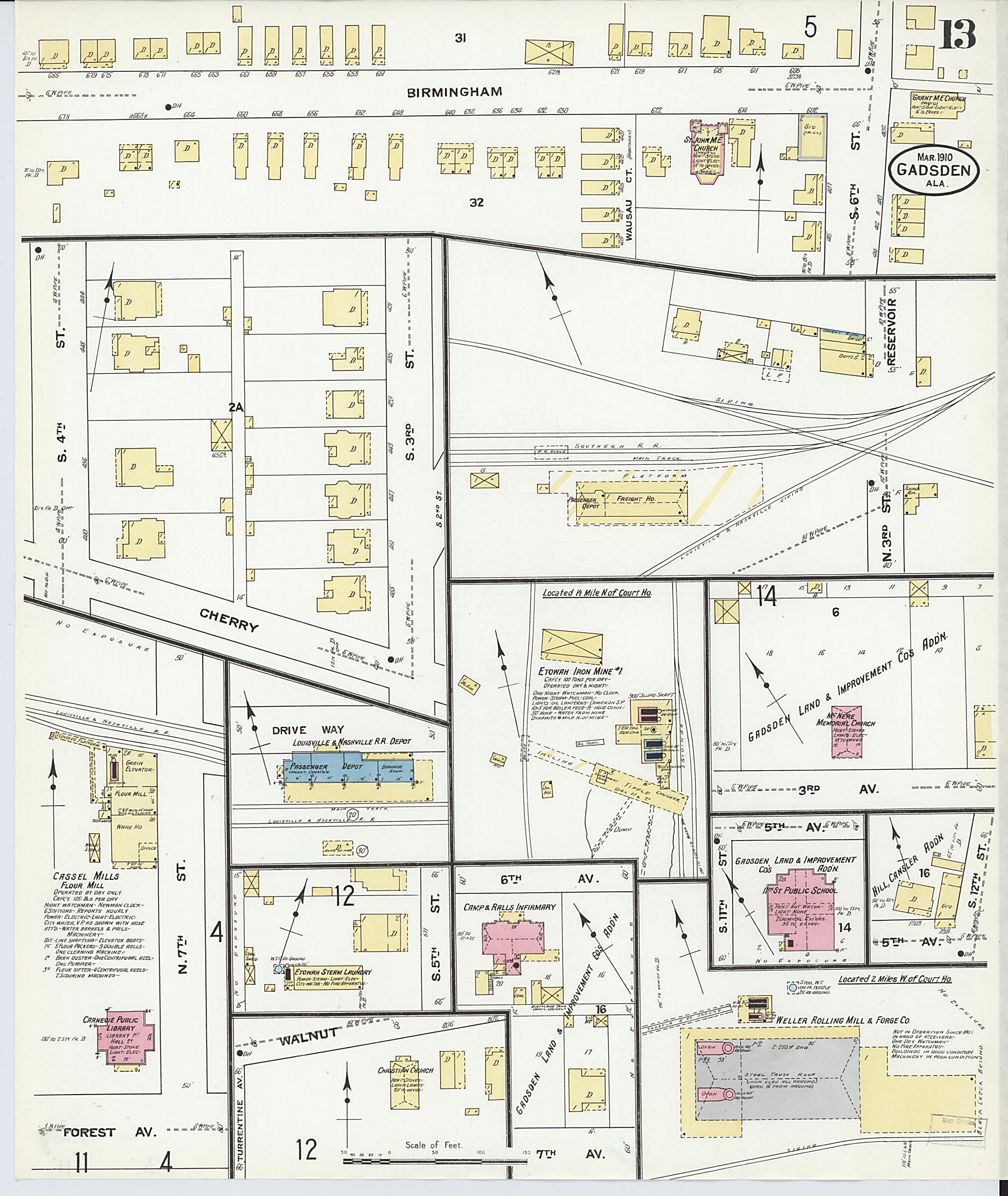 This old map of Gadsden, Etowah County, Alabama was created by Sanborn Map Company in 1910