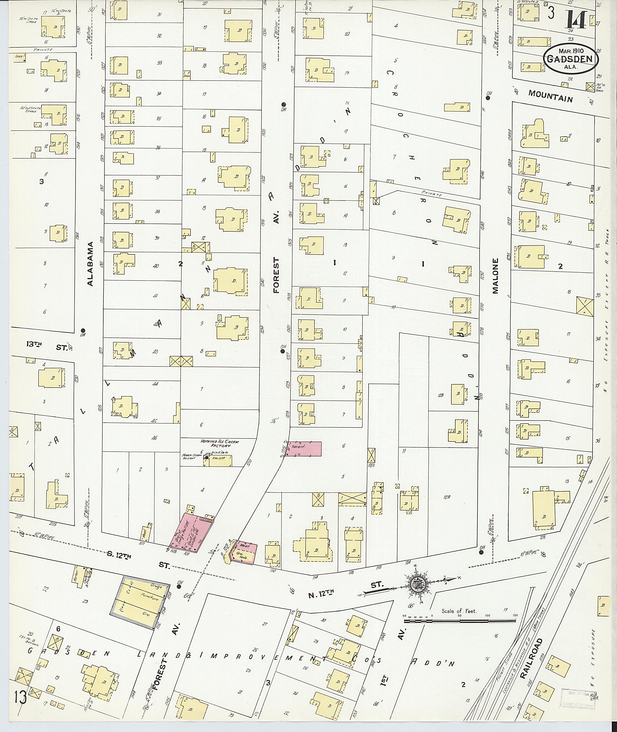 This old map of Gadsden, Etowah County, Alabama was created by Sanborn Map Company in 1910