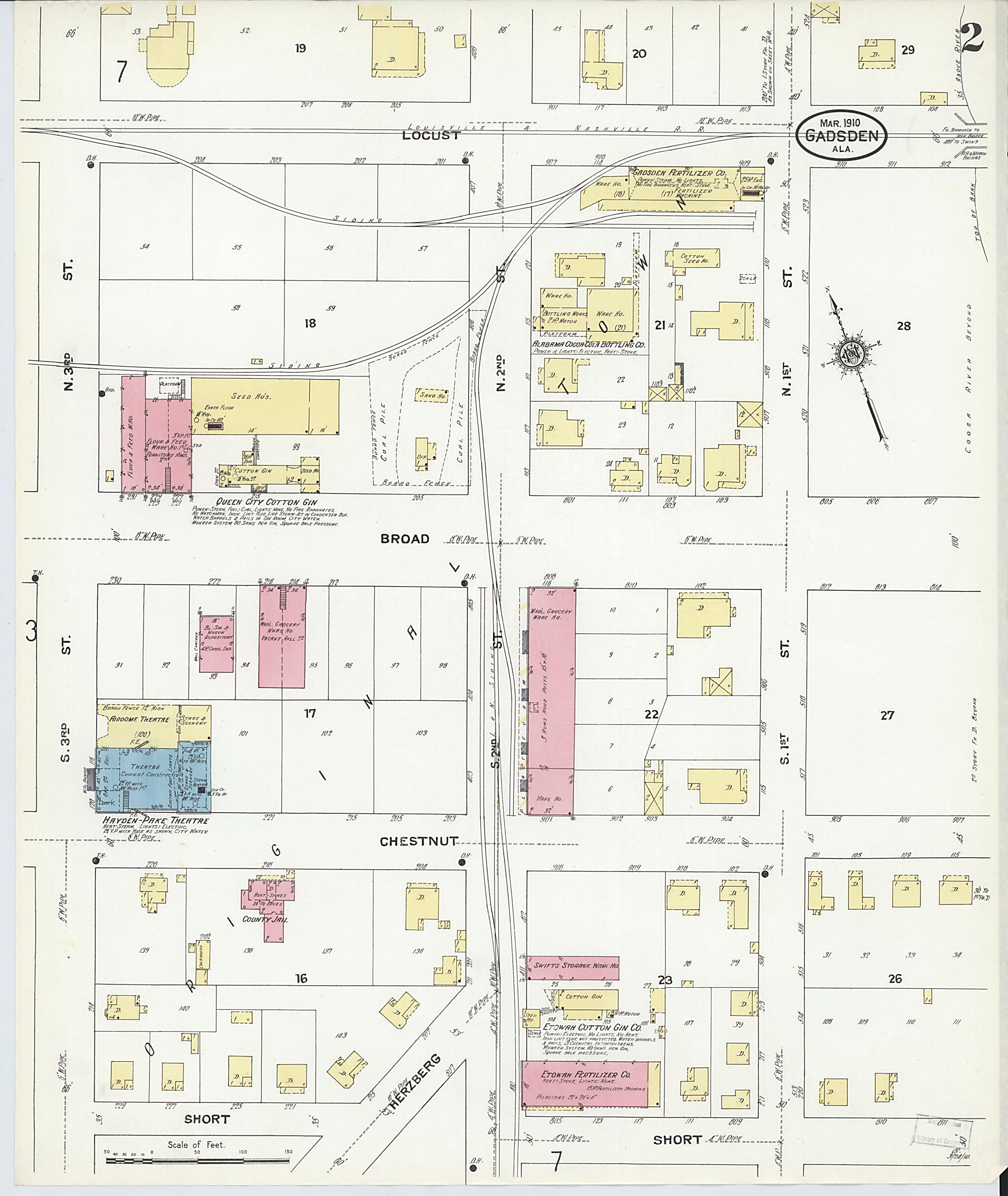 This old map of Gadsden, Etowah County, Alabama was created by Sanborn Map Company in 1910