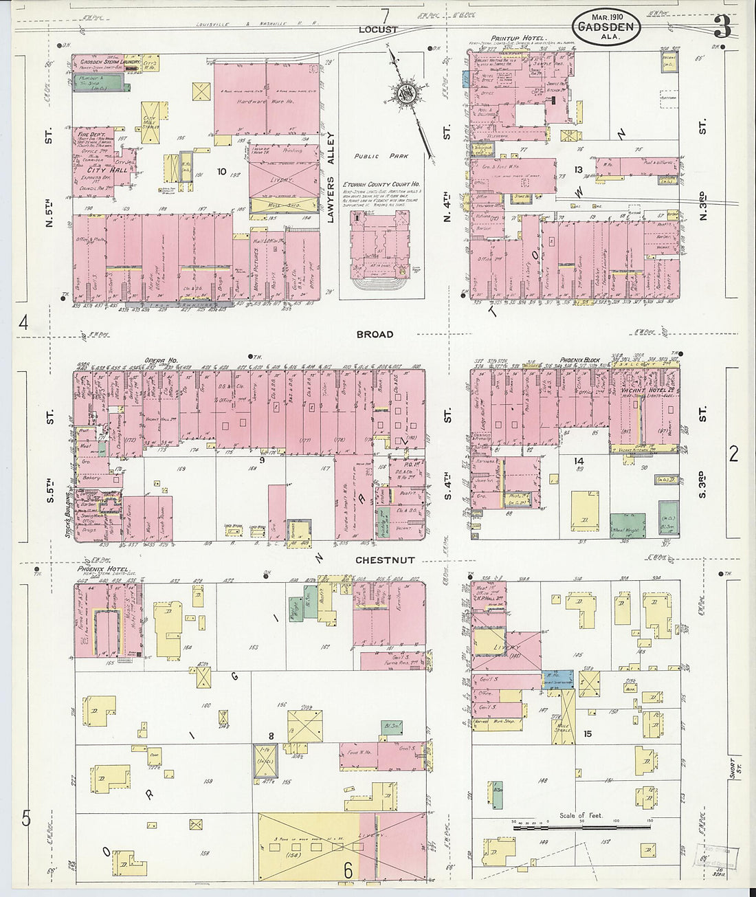 This old map of Gadsden, Etowah County, Alabama was created by Sanborn Map Company in 1910