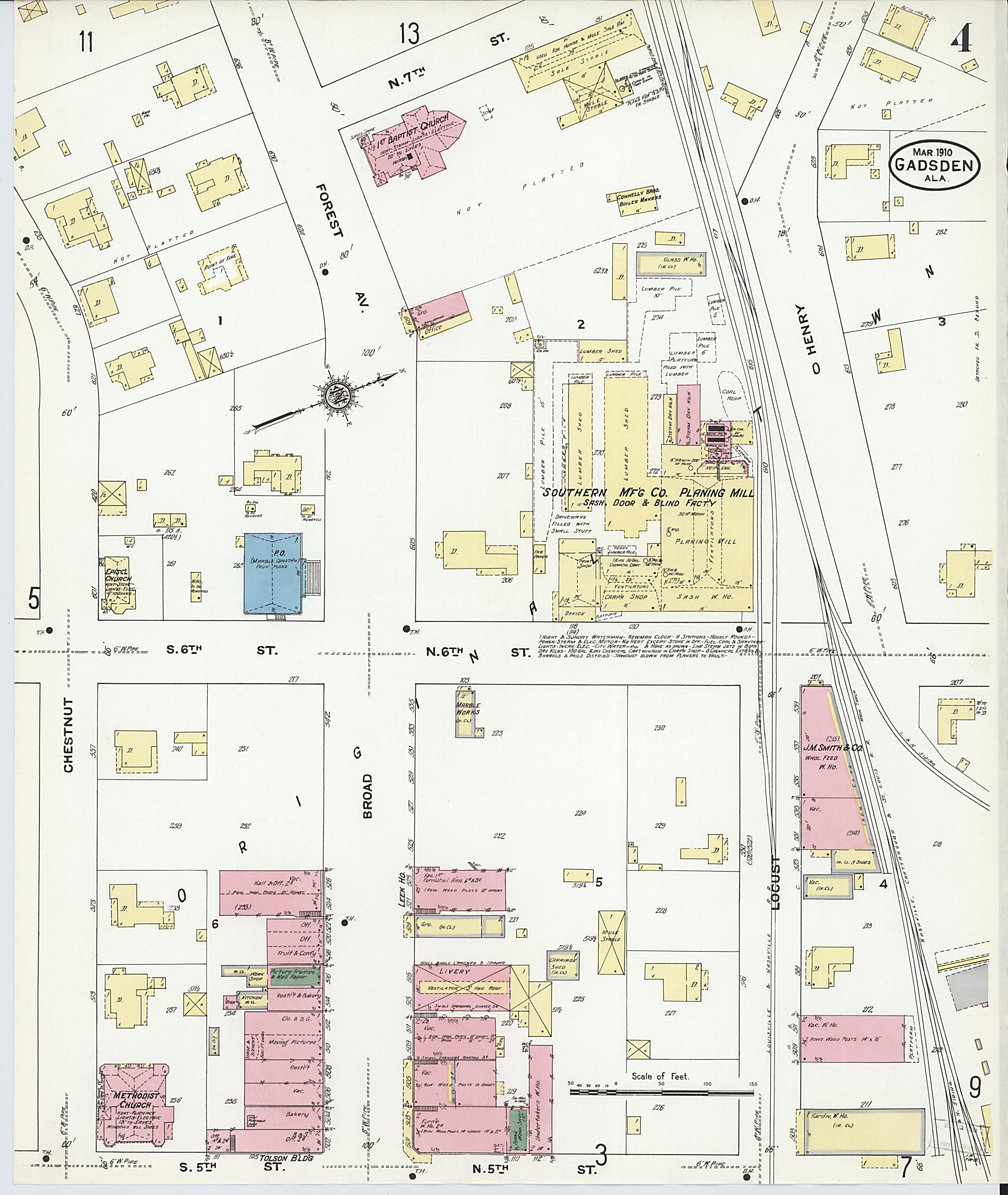 This old map of Gadsden, Etowah County, Alabama was created by Sanborn Map Company in 1910