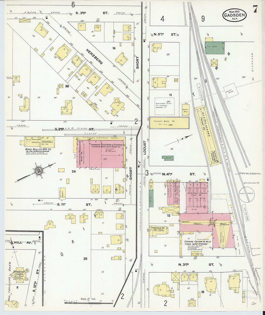 This old map of Gadsden, Etowah County, Alabama was created by Sanborn Map Company in 1910