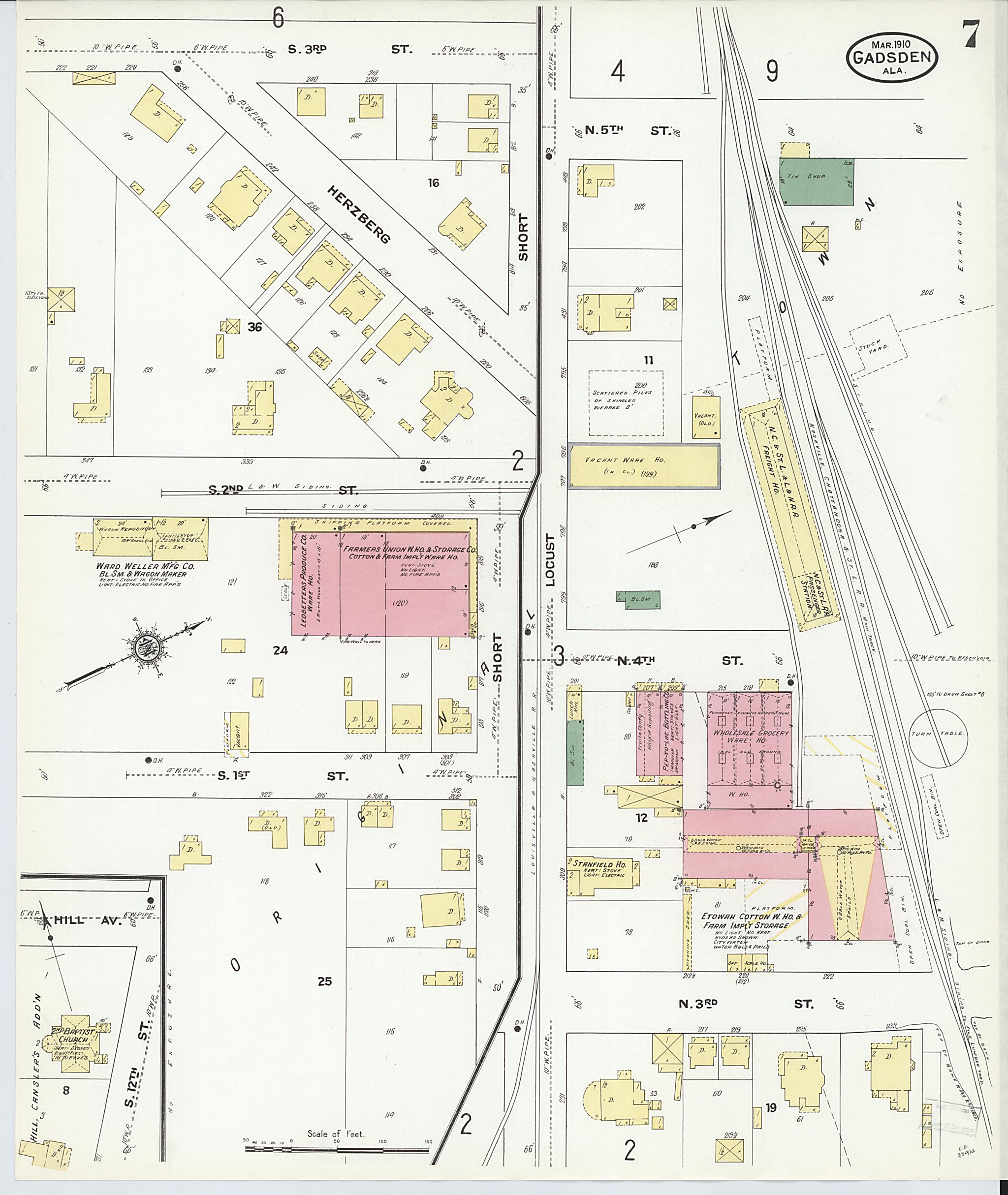 This old map of Gadsden, Etowah County, Alabama was created by Sanborn Map Company in 1910