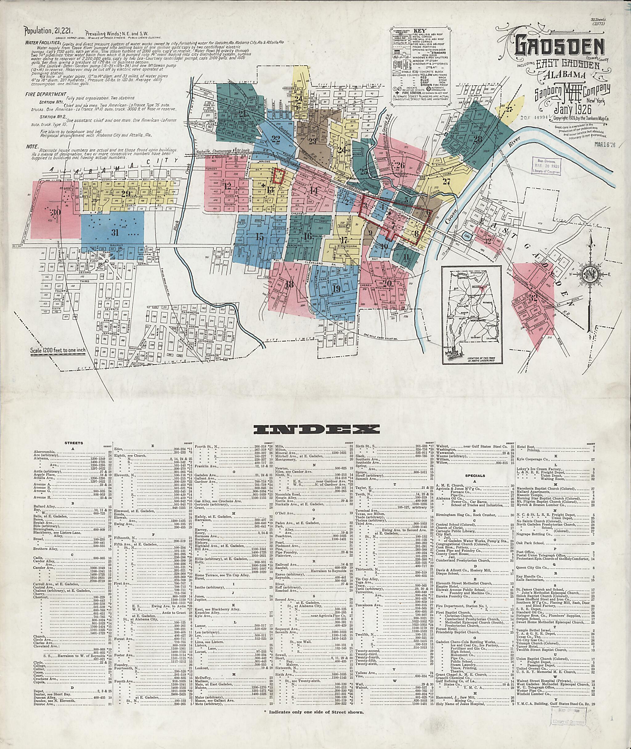 This old map of Gadsden, Etowah County, Alabama was created by Sanborn Map Company in 1926