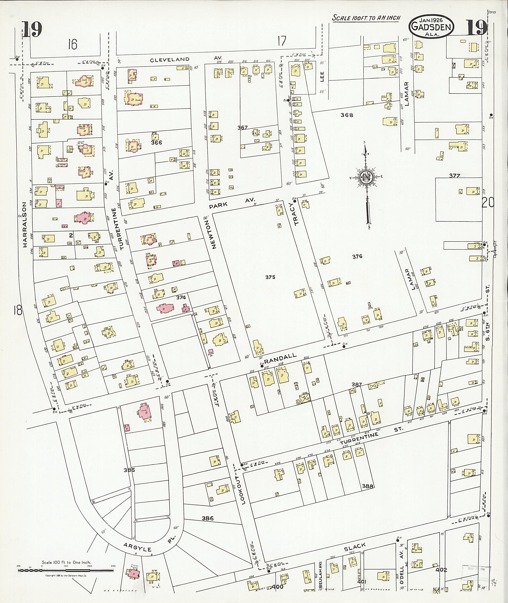 This old map of Gadsden, Etowah County, Alabama was created by Sanborn Map Company in 1926
