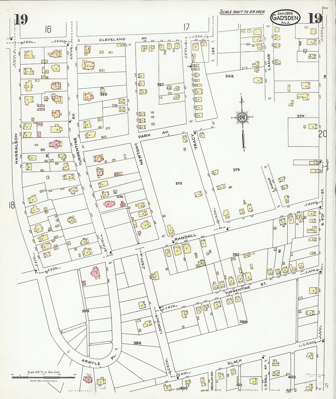 This old map of Gadsden, Etowah County, Alabama was created by Sanborn Map Company in 1926