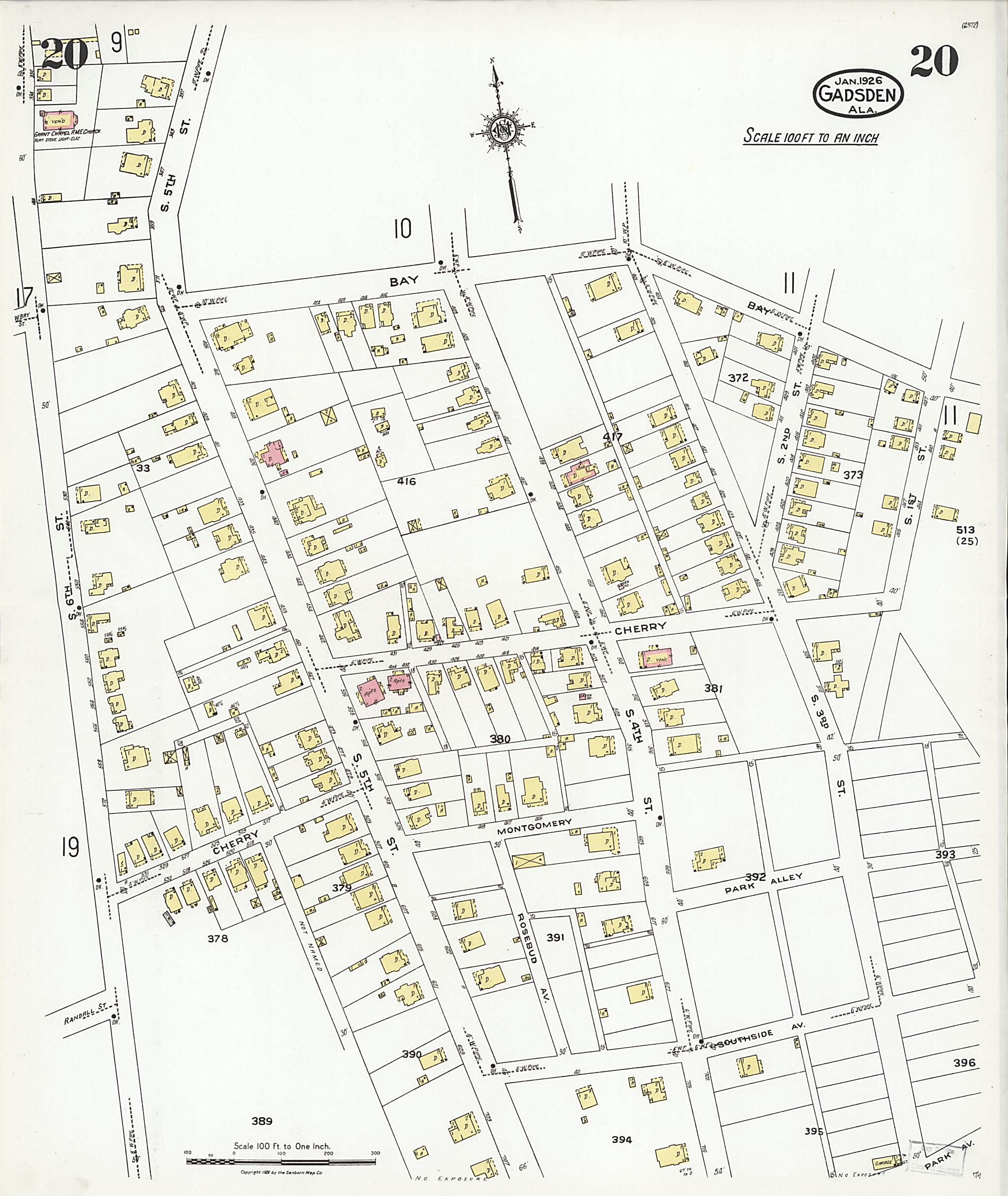 This old map of Gadsden, Etowah County, Alabama was created by Sanborn Map Company in 1926