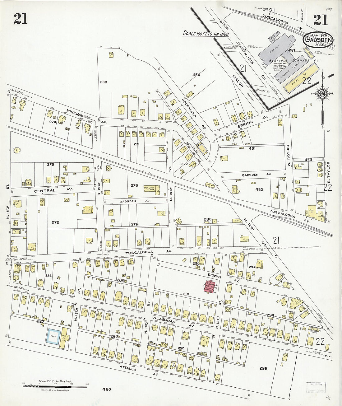 This old map of Gadsden, Etowah County, Alabama was created by Sanborn Map Company in 1926