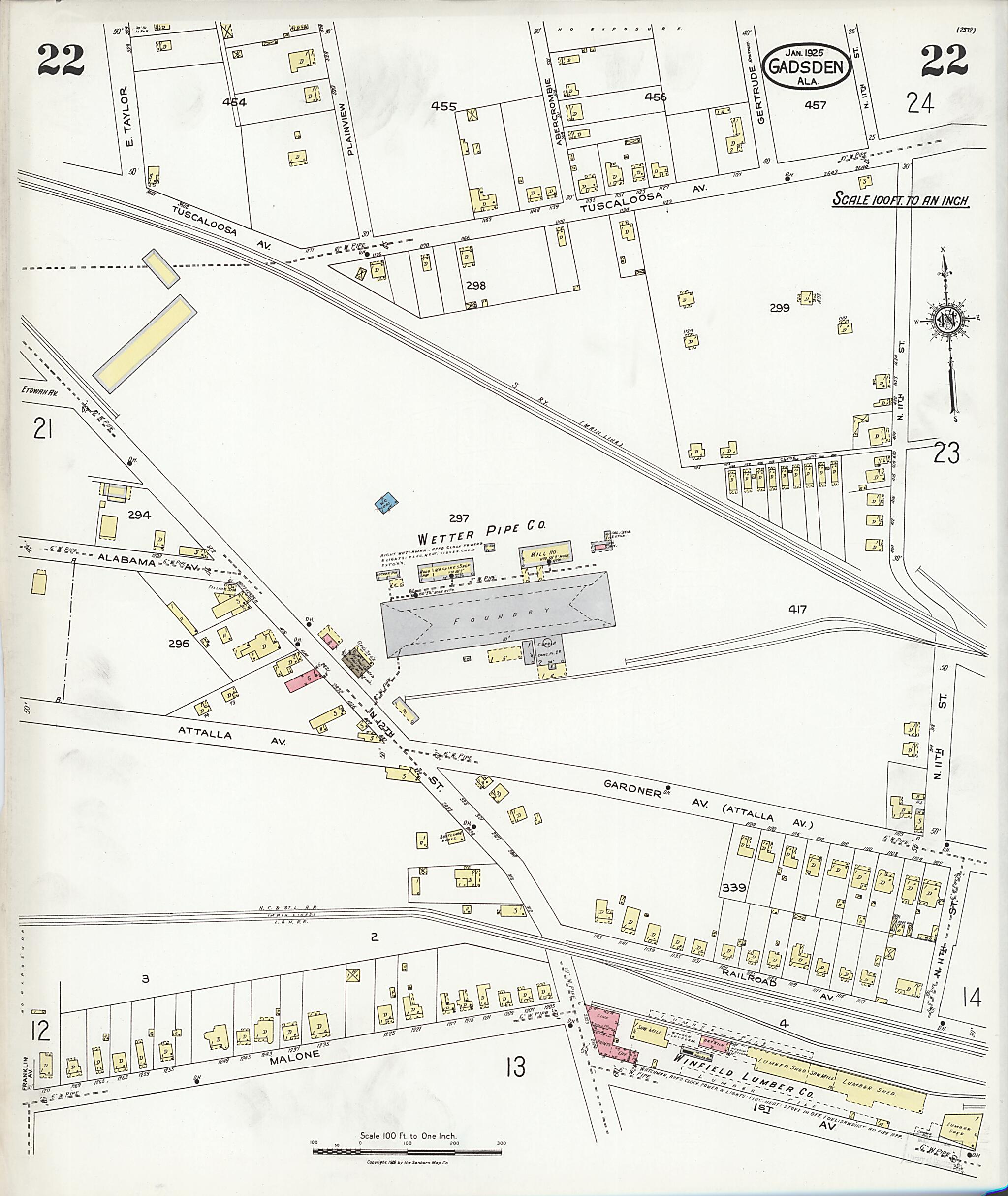 This old map of Gadsden, Etowah County, Alabama was created by Sanborn Map Company in 1926