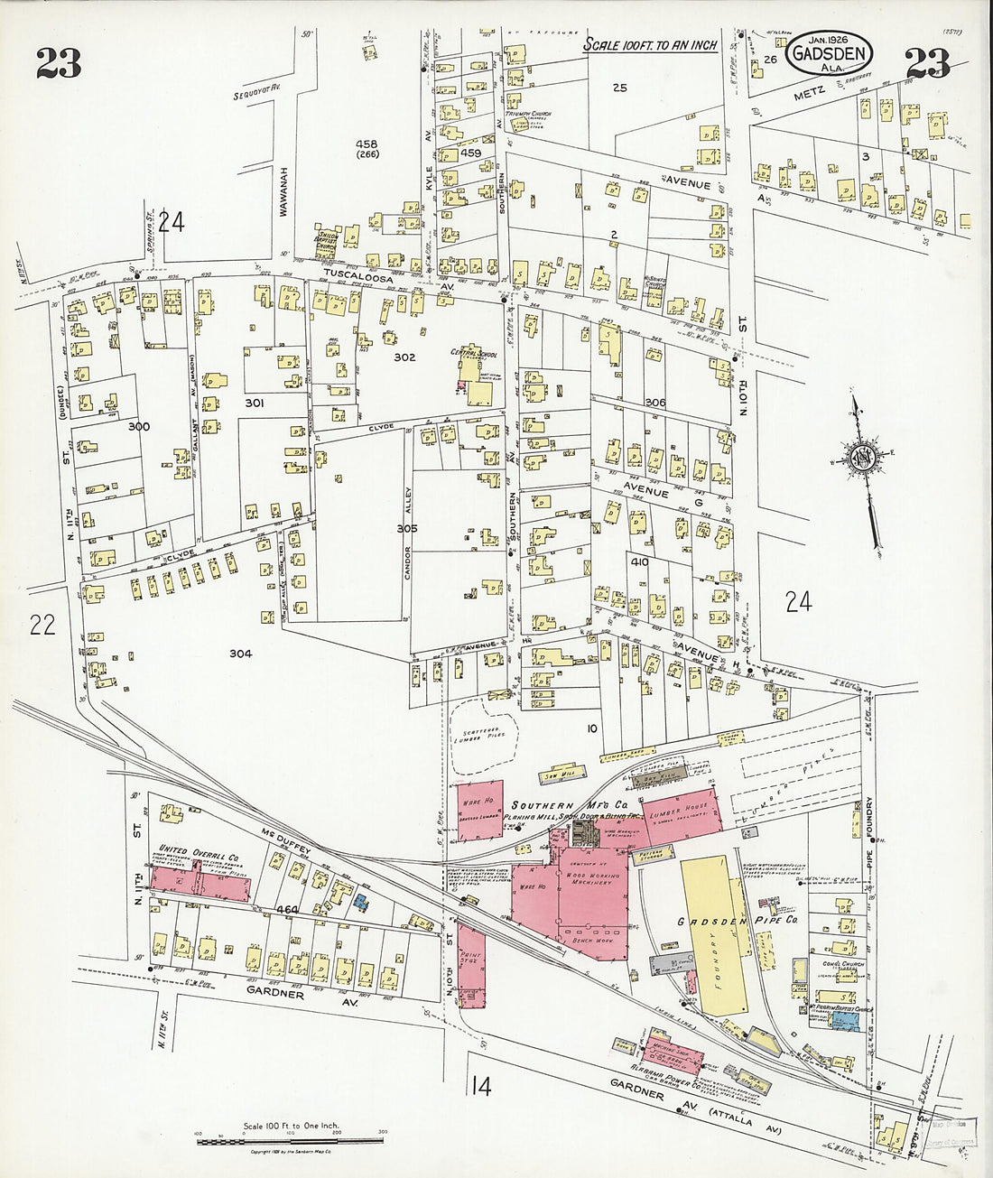 This old map of Gadsden, Etowah County, Alabama was created by Sanborn Map Company in 1926