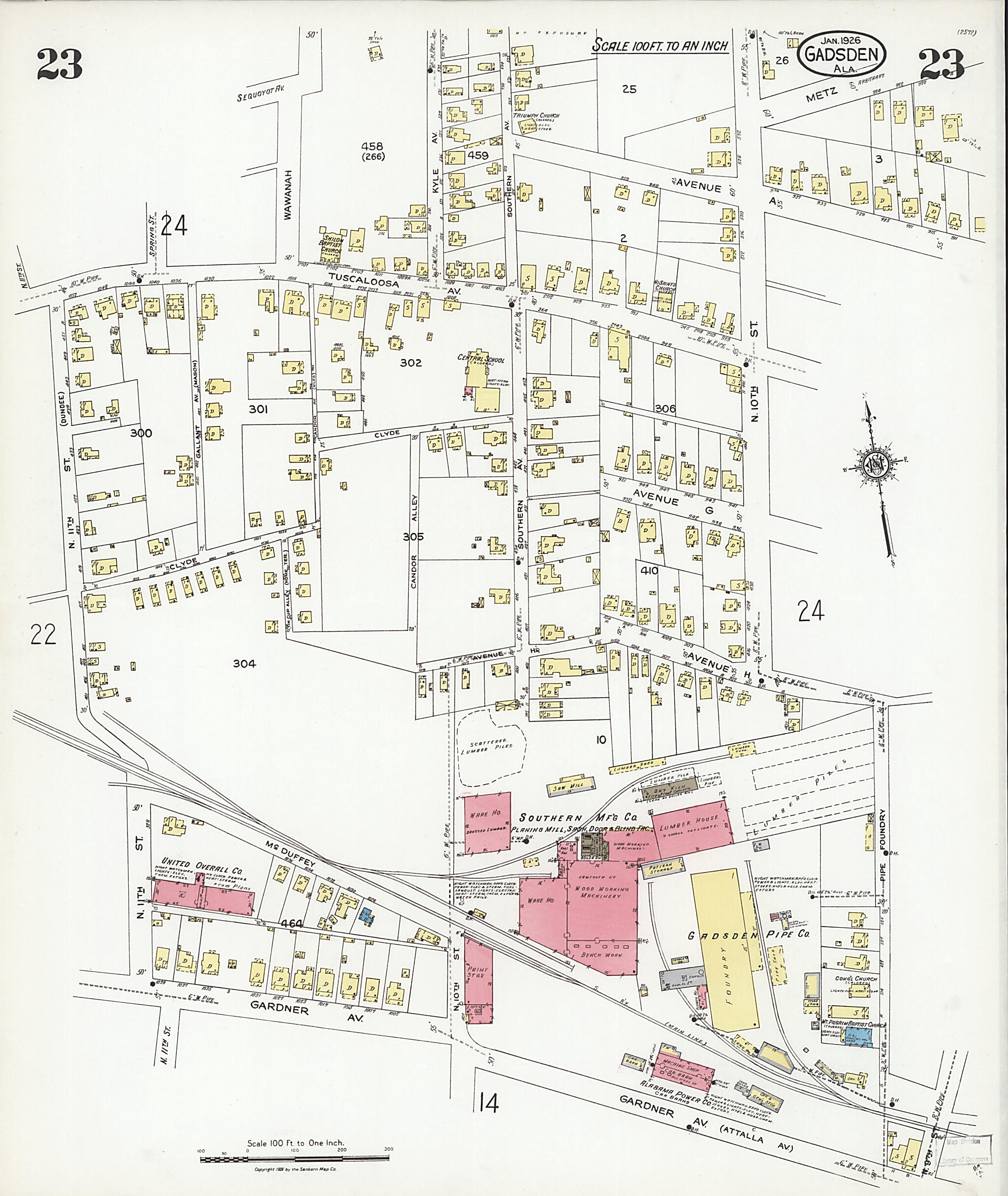 This old map of Gadsden, Etowah County, Alabama was created by Sanborn Map Company in 1926