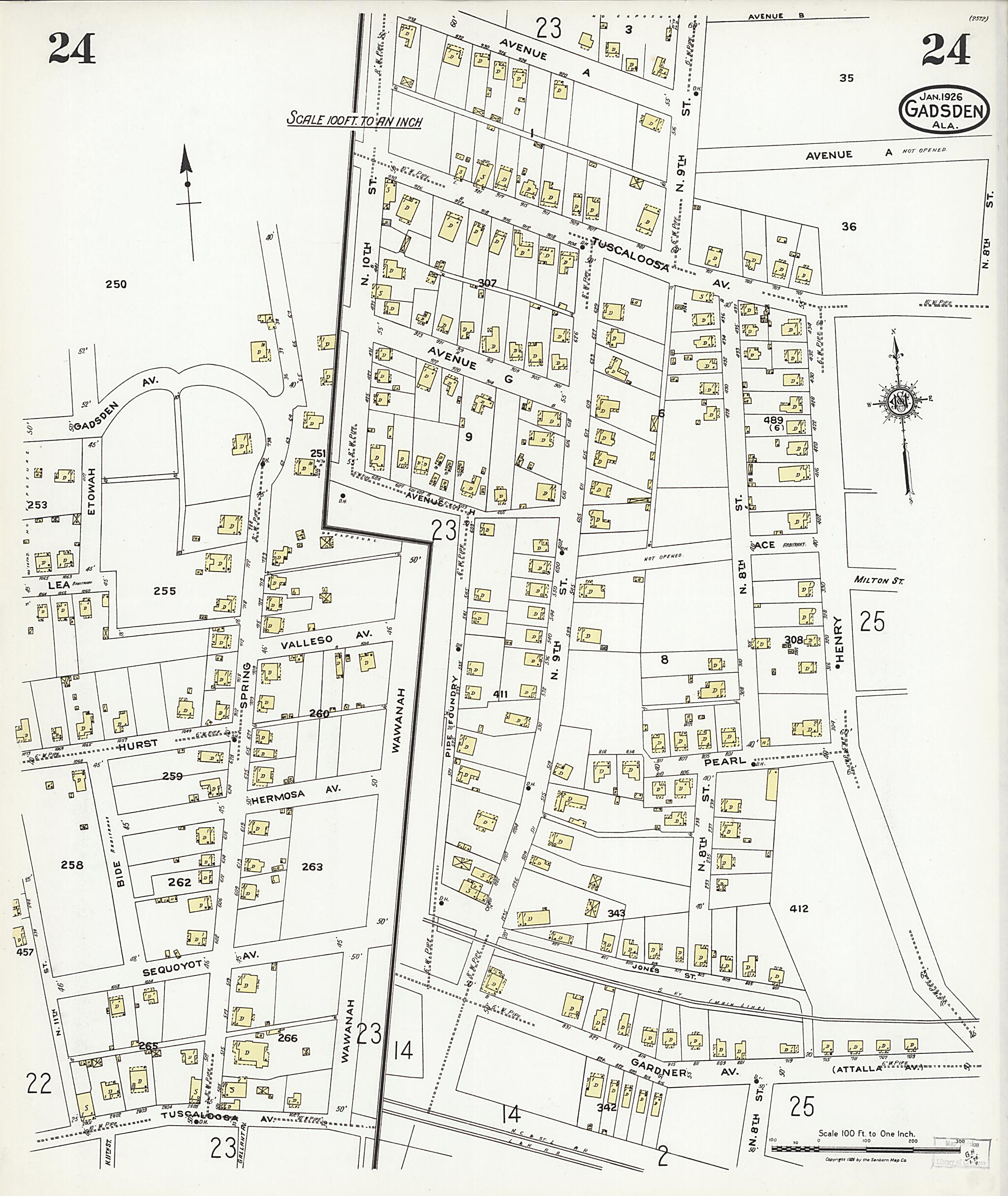 This old map of Gadsden, Etowah County, Alabama was created by Sanborn Map Company in 1926