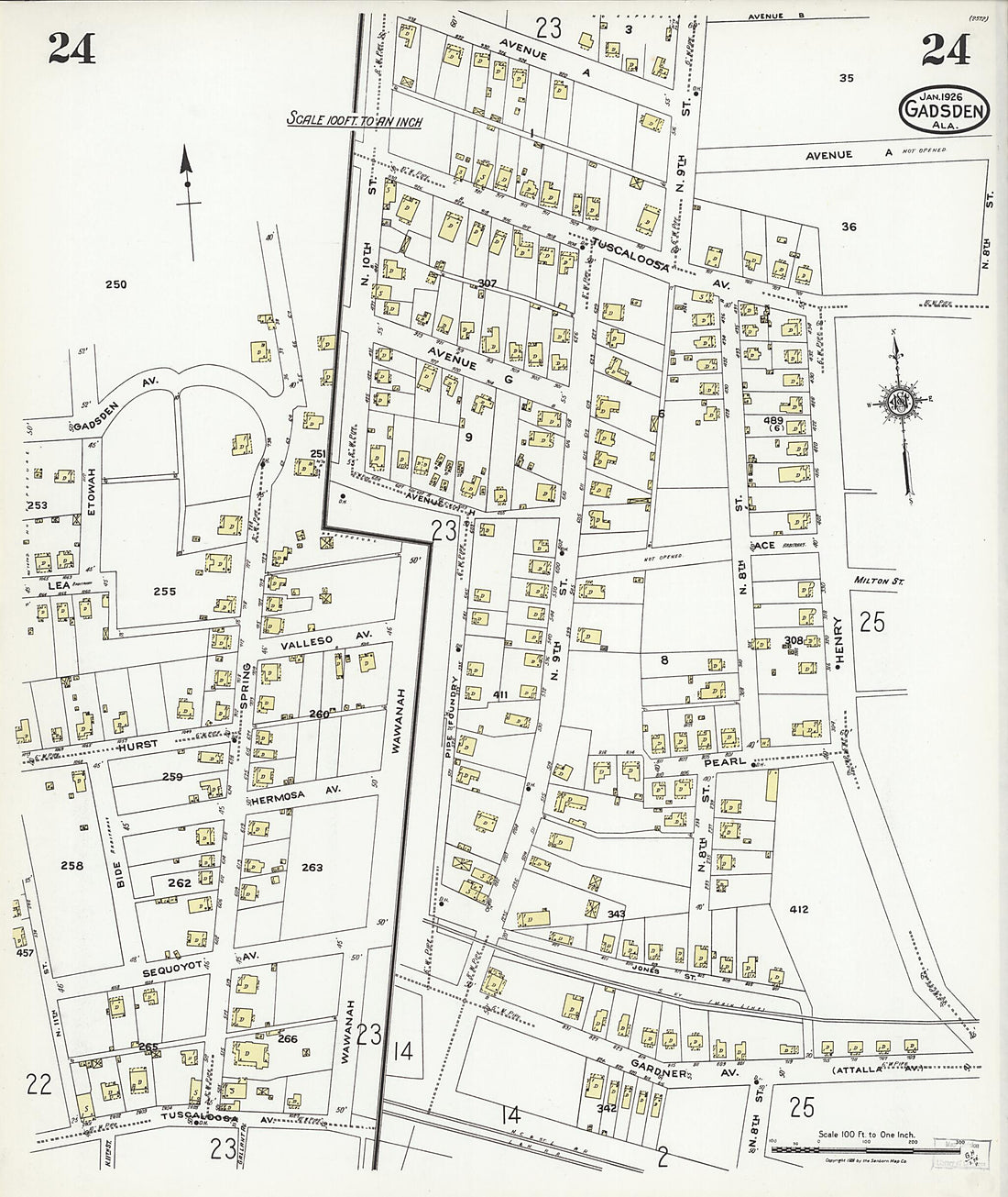 This old map of Gadsden, Etowah County, Alabama was created by Sanborn Map Company in 1926