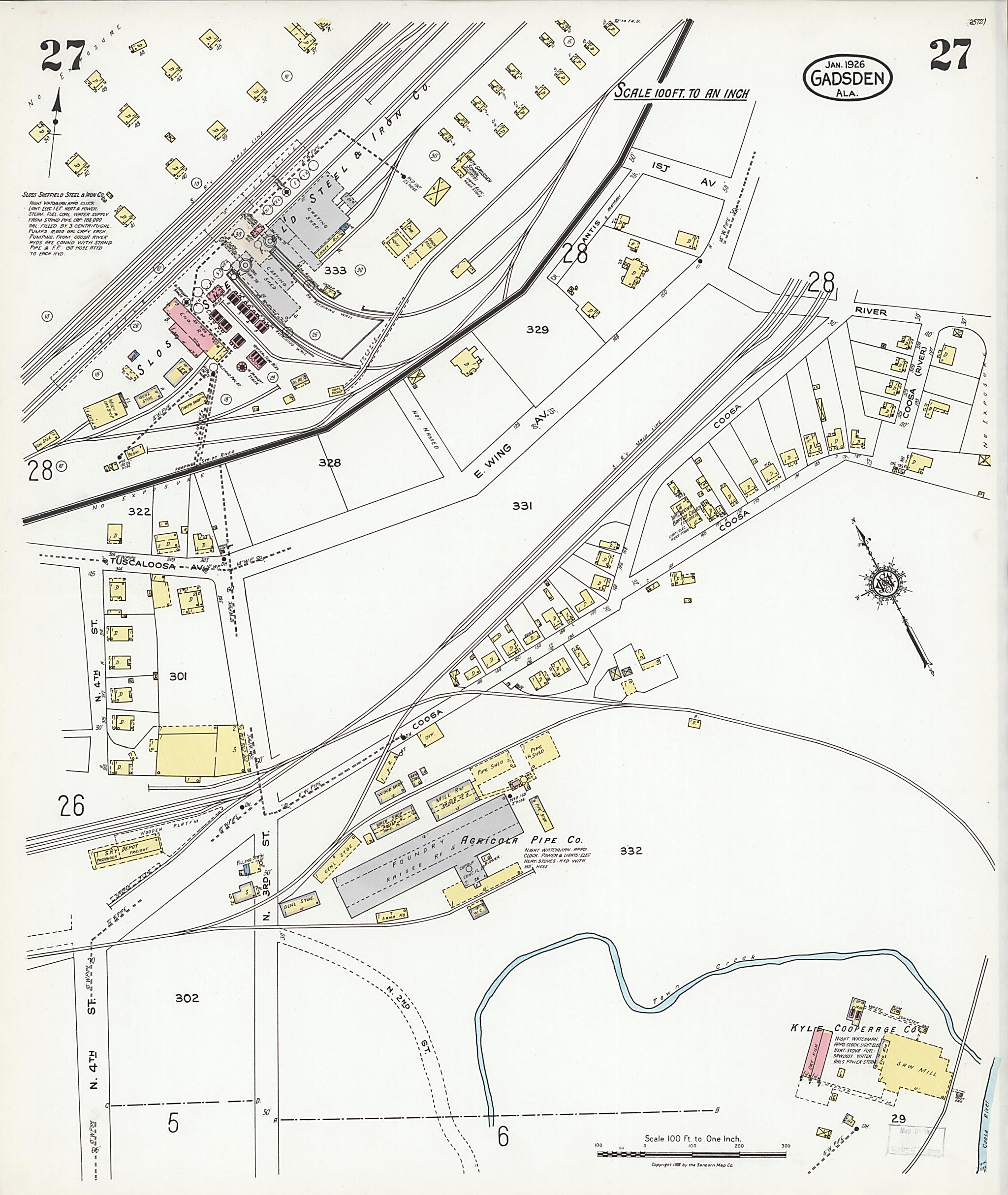 This old map of Gadsden, Etowah County, Alabama was created by Sanborn Map Company in 1926