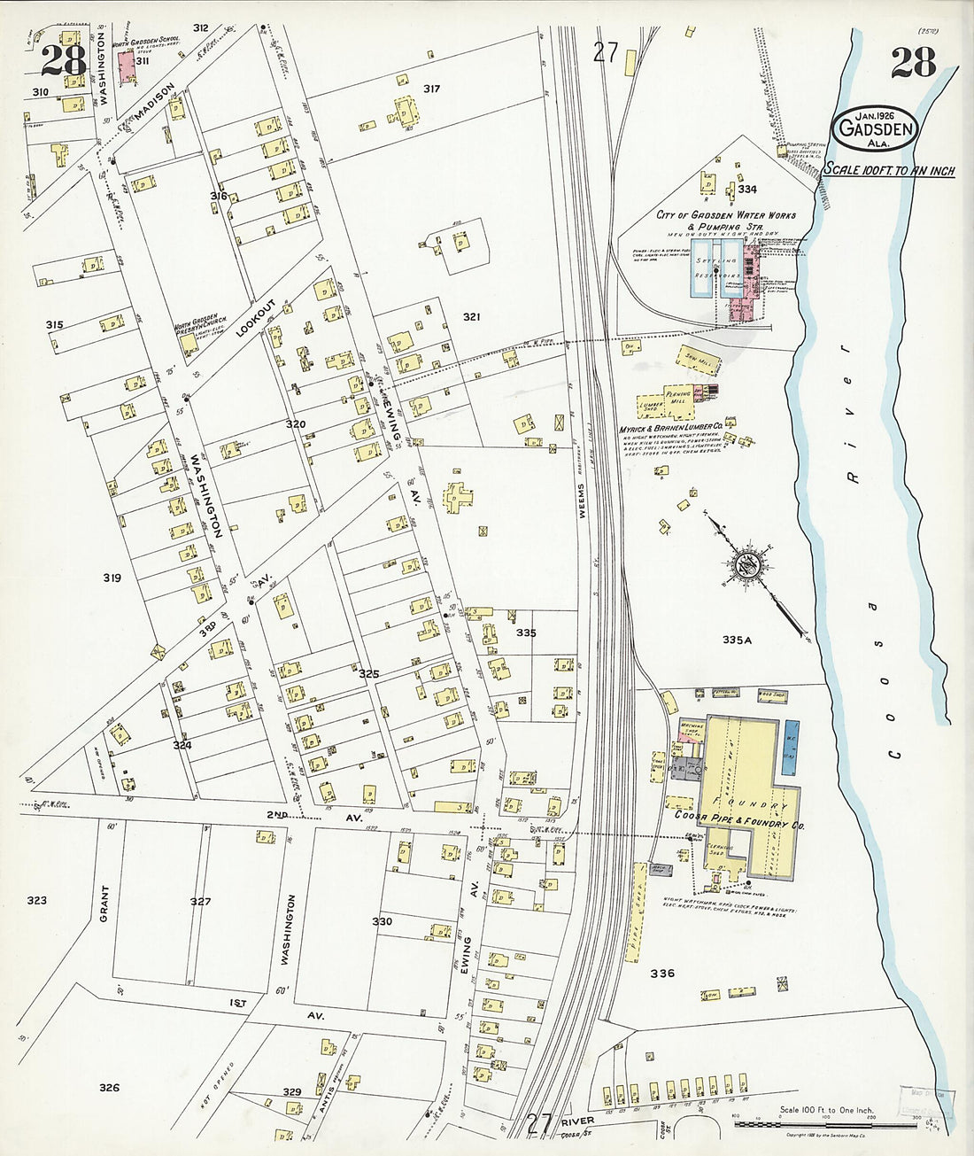 This old map of Gadsden, Etowah County, Alabama was created by Sanborn Map Company in 1926
