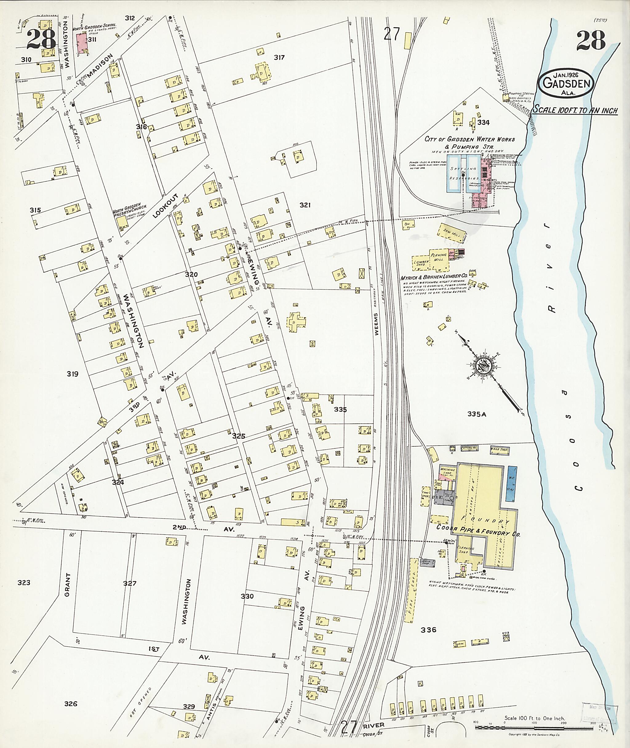 This old map of Gadsden, Etowah County, Alabama was created by Sanborn Map Company in 1926