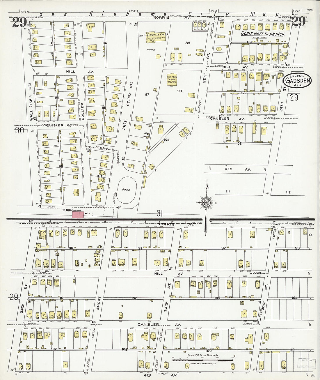This old map of Gadsden, Etowah County, Alabama was created by Sanborn Map Company in 1926