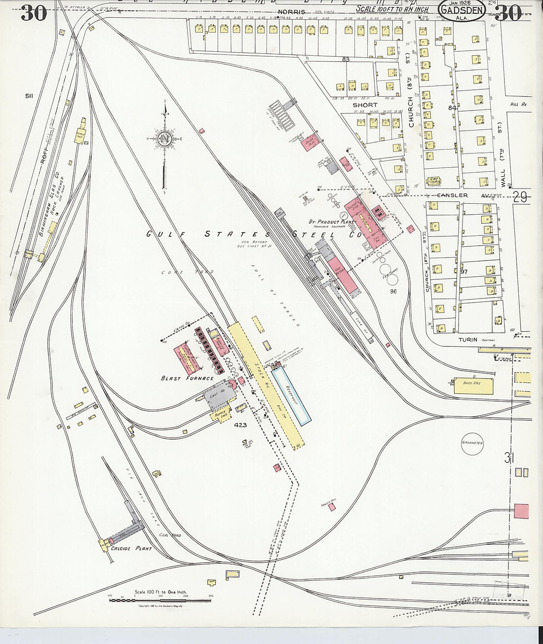 This old map of Gadsden, Etowah County, Alabama was created by Sanborn Map Company in 1926