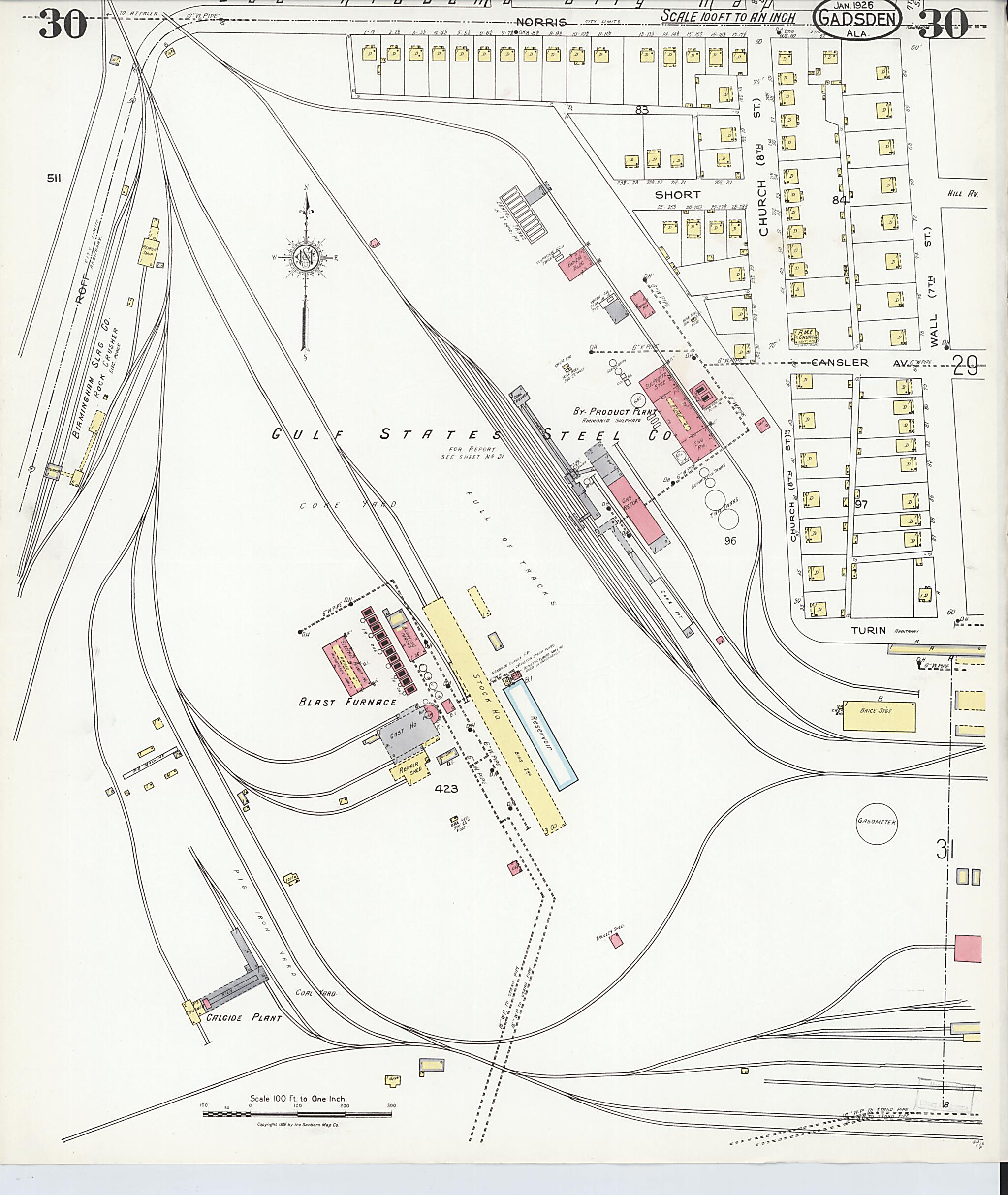 This old map of Gadsden, Etowah County, Alabama was created by Sanborn Map Company in 1926