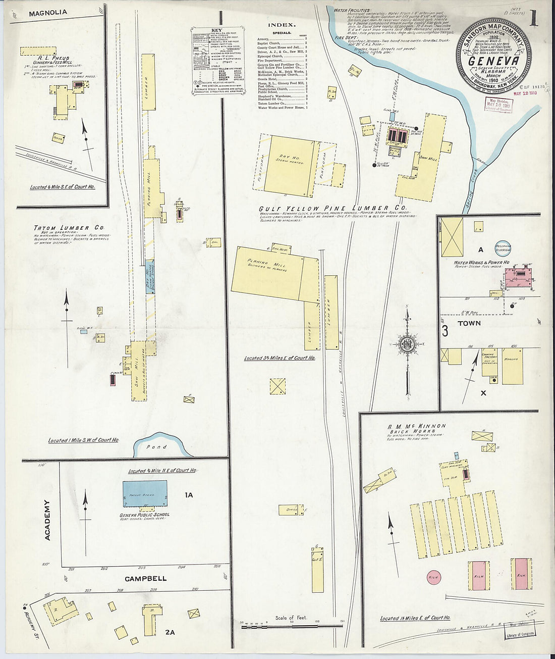 This old map of Geneva, Geneva County, Alabama was created by Sanborn Map Company in 1910