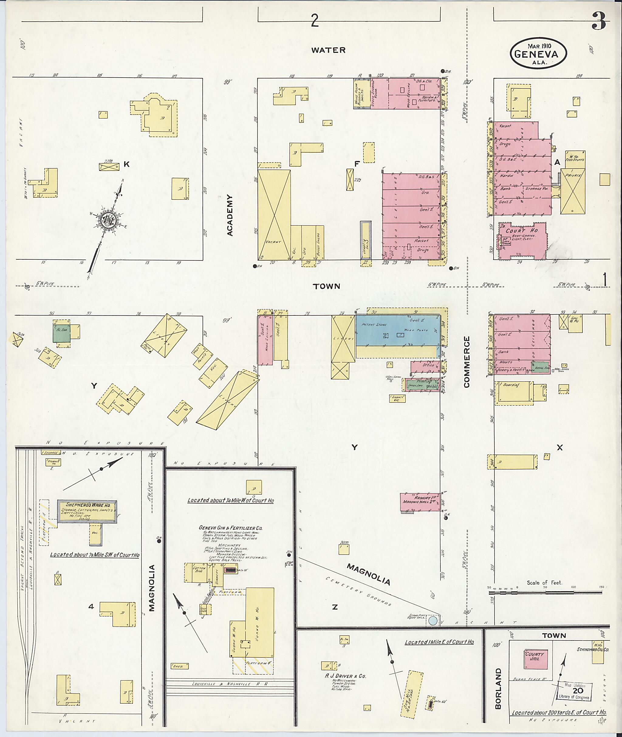 This old map of Geneva, Geneva County, Alabama was created by Sanborn Map Company in 1910
