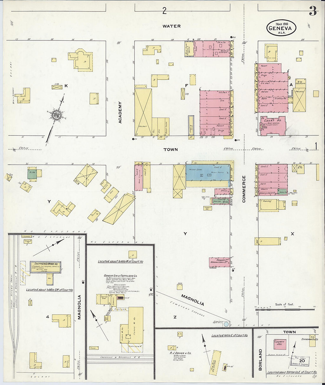 This old map of Geneva, Geneva County, Alabama was created by Sanborn Map Company in 1910