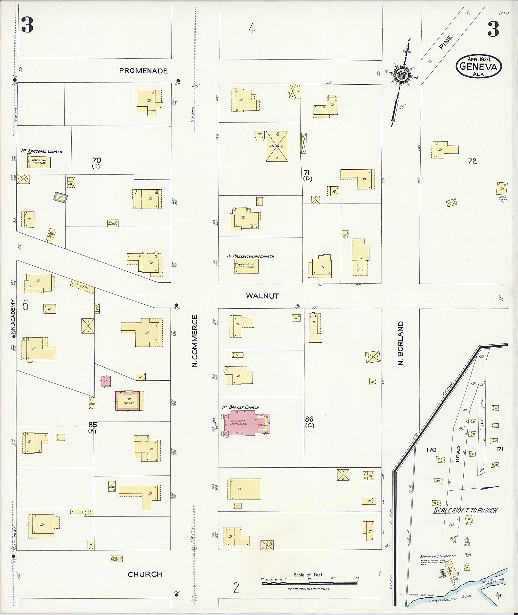 This old map of Geneva, Geneva County, Alabama was created by Sanborn Map Company in 1924