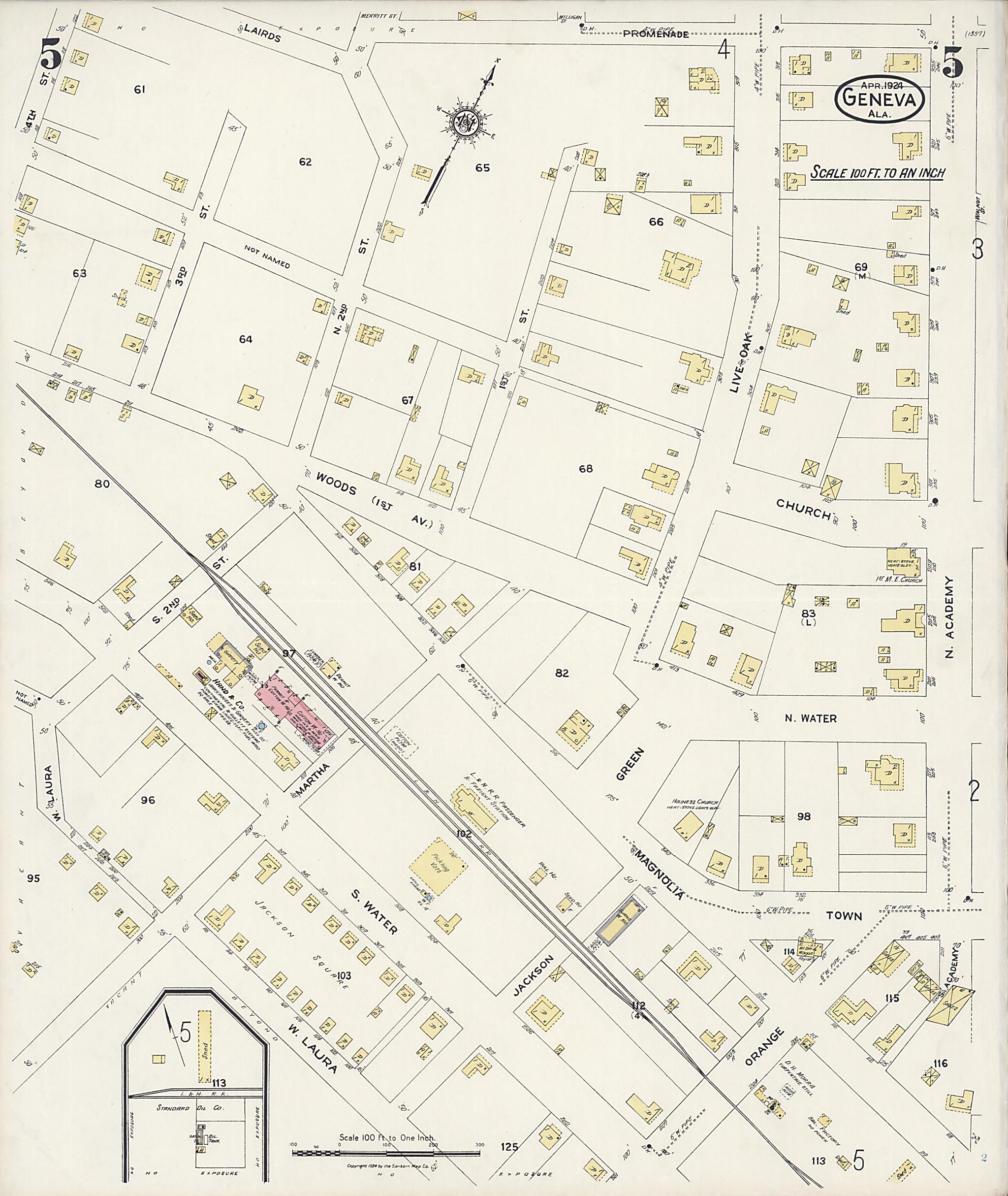 This old map of Geneva, Geneva County, Alabama was created by Sanborn Map Company in 1924