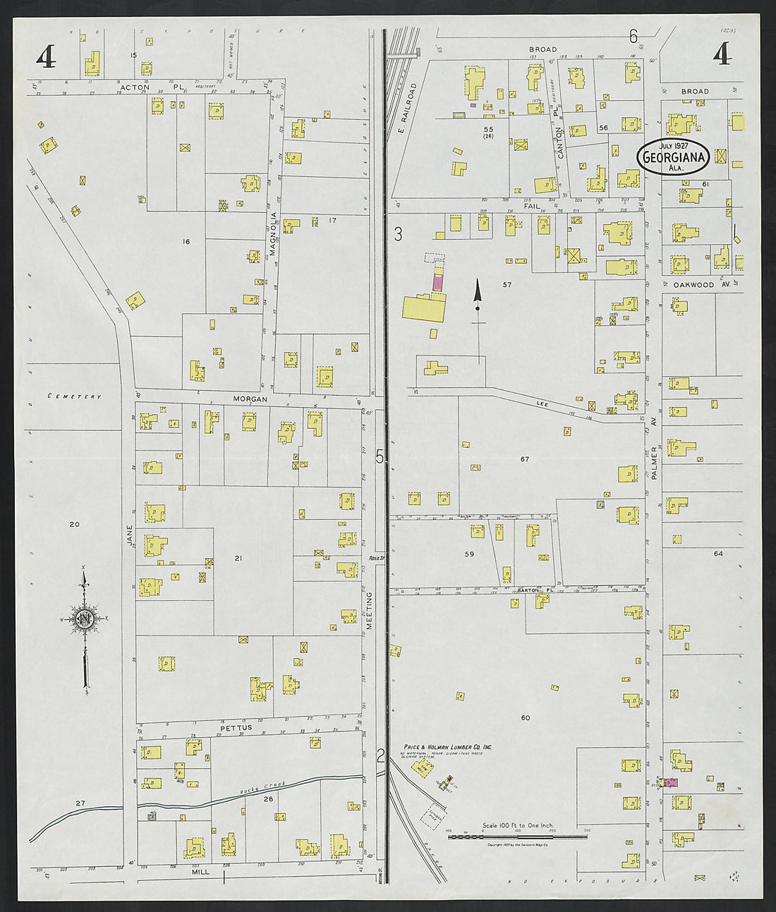 This old map of Georgiana, Butler County, Alabama was created by Sanborn Map Company in 1927