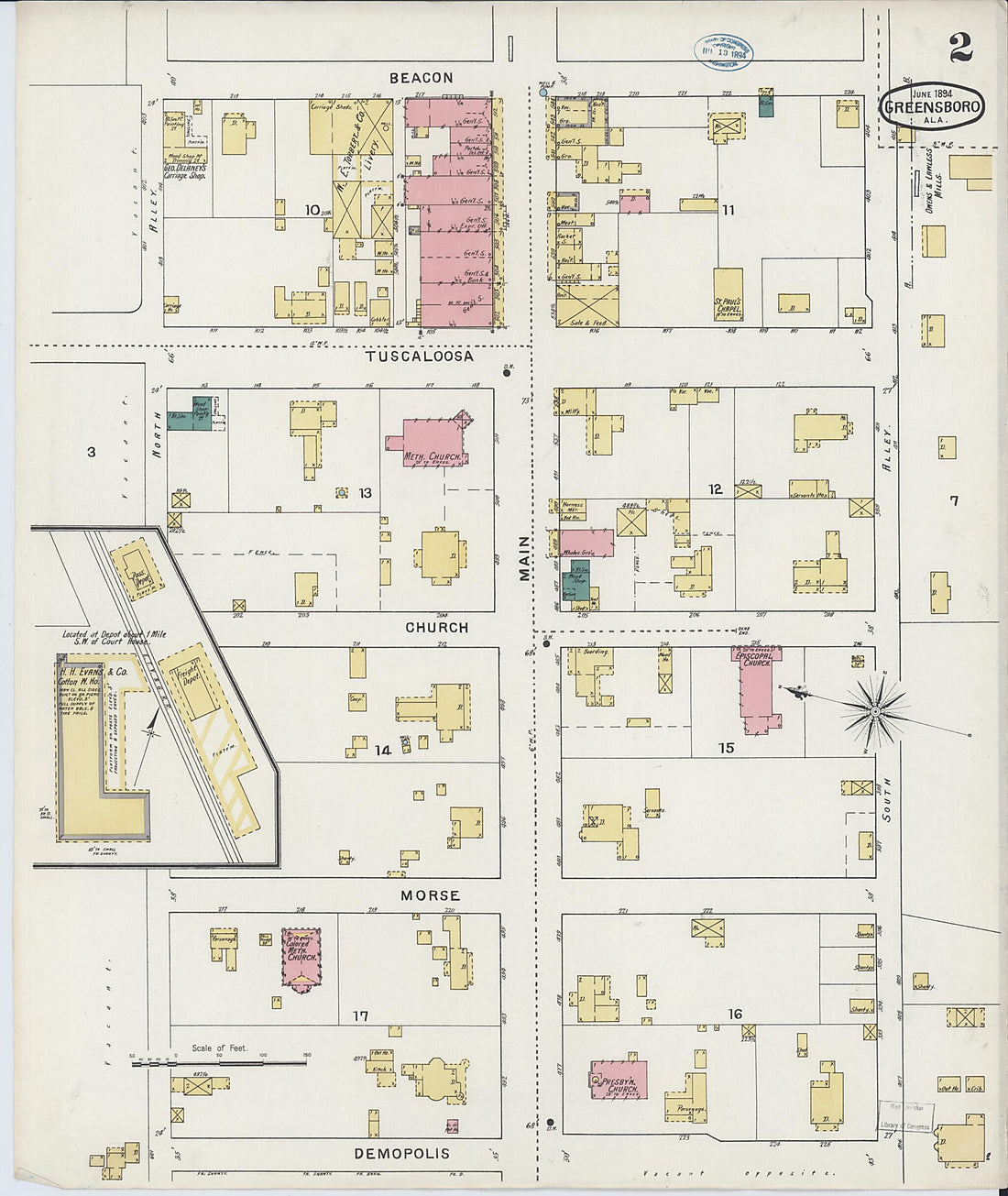 This old map of Greensboro, Hale County, Alabama was created by Sanborn Map Company in 1894