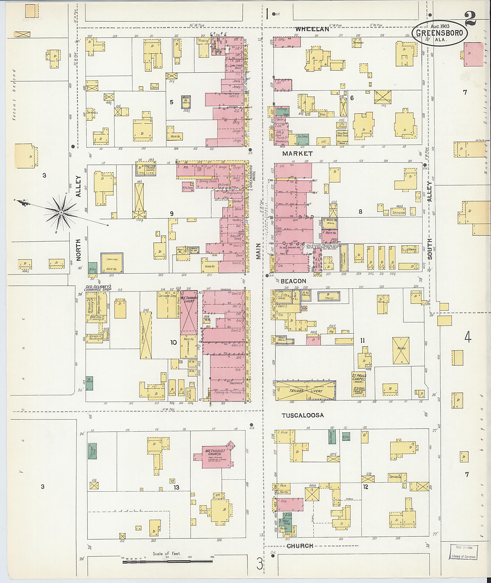 This old map of Greensboro, Hale County, Alabama was created by Sanborn Map Company in 1903