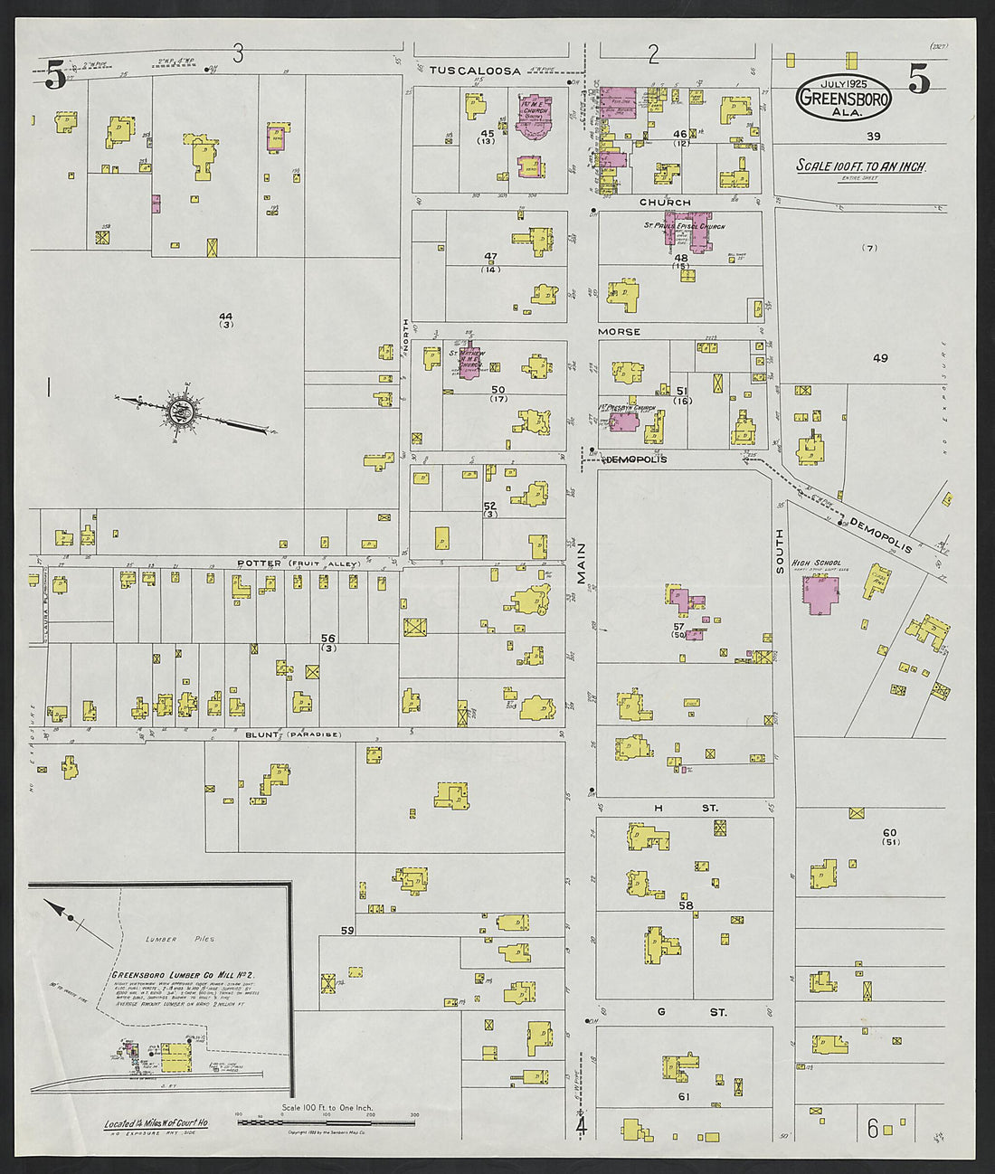 This old map of Greensboro, Hale County, Alabama was created by Sanborn Map Company in 1925