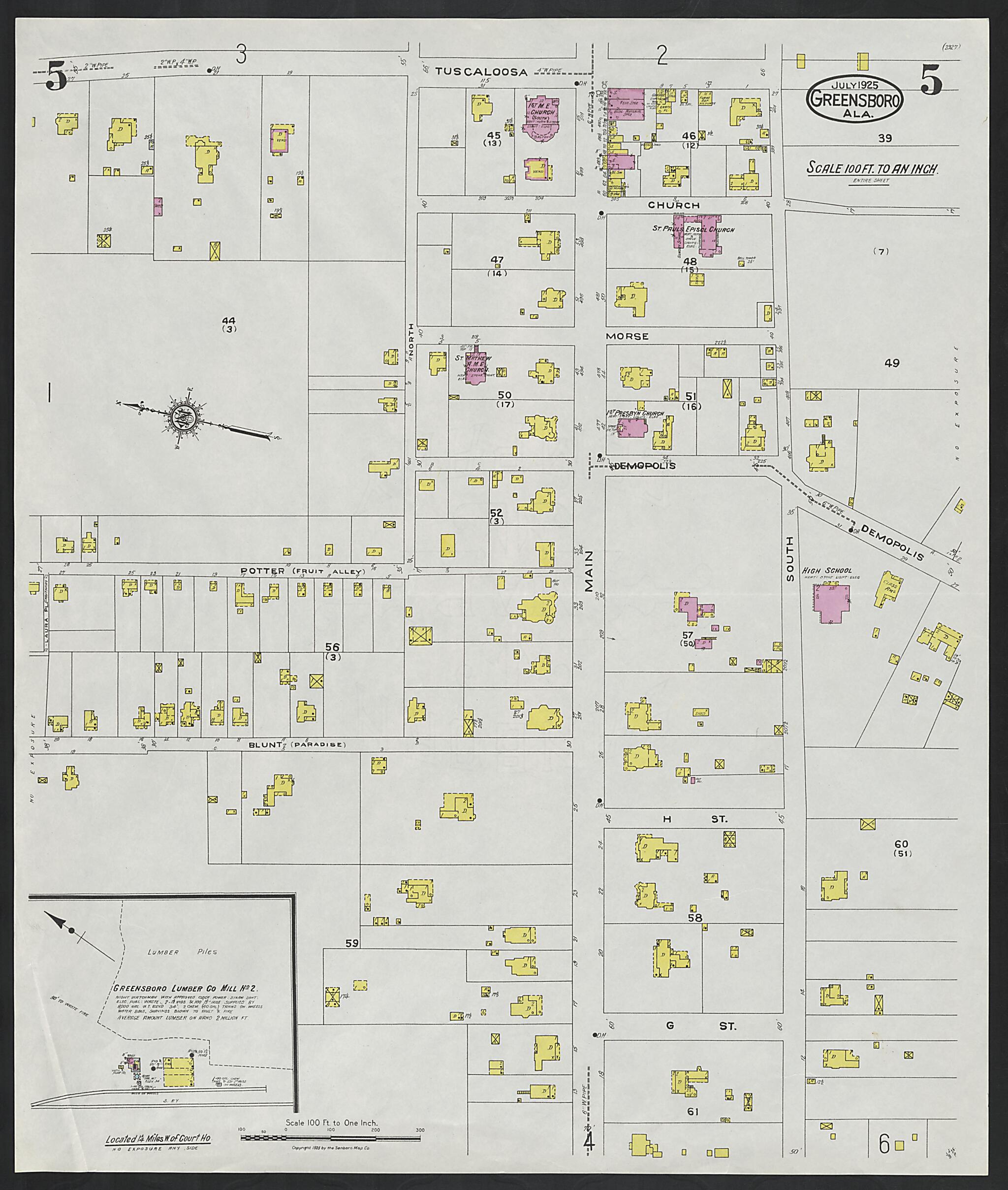 This old map of Greensboro, Hale County, Alabama was created by Sanborn Map Company in 1925