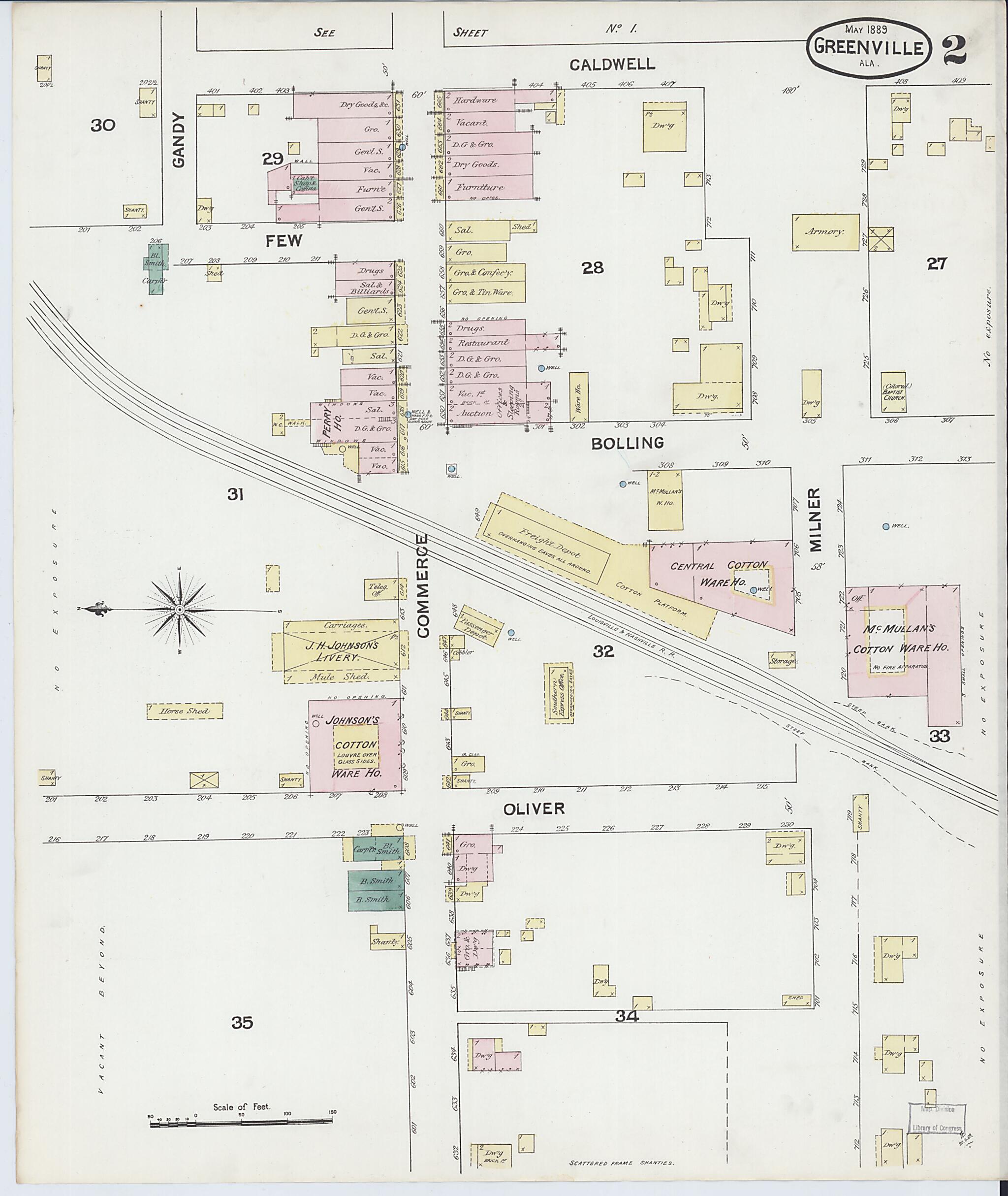 This old map of Greenville, Butler County, Alabama was created by Sanborn Map Company in 1889