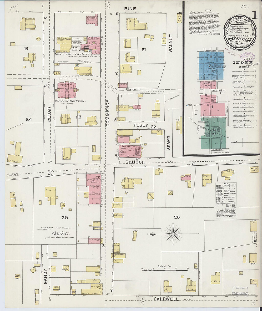 This old map of Greenville, Butler County, Alabama was created by Sanborn Map Company in 1893