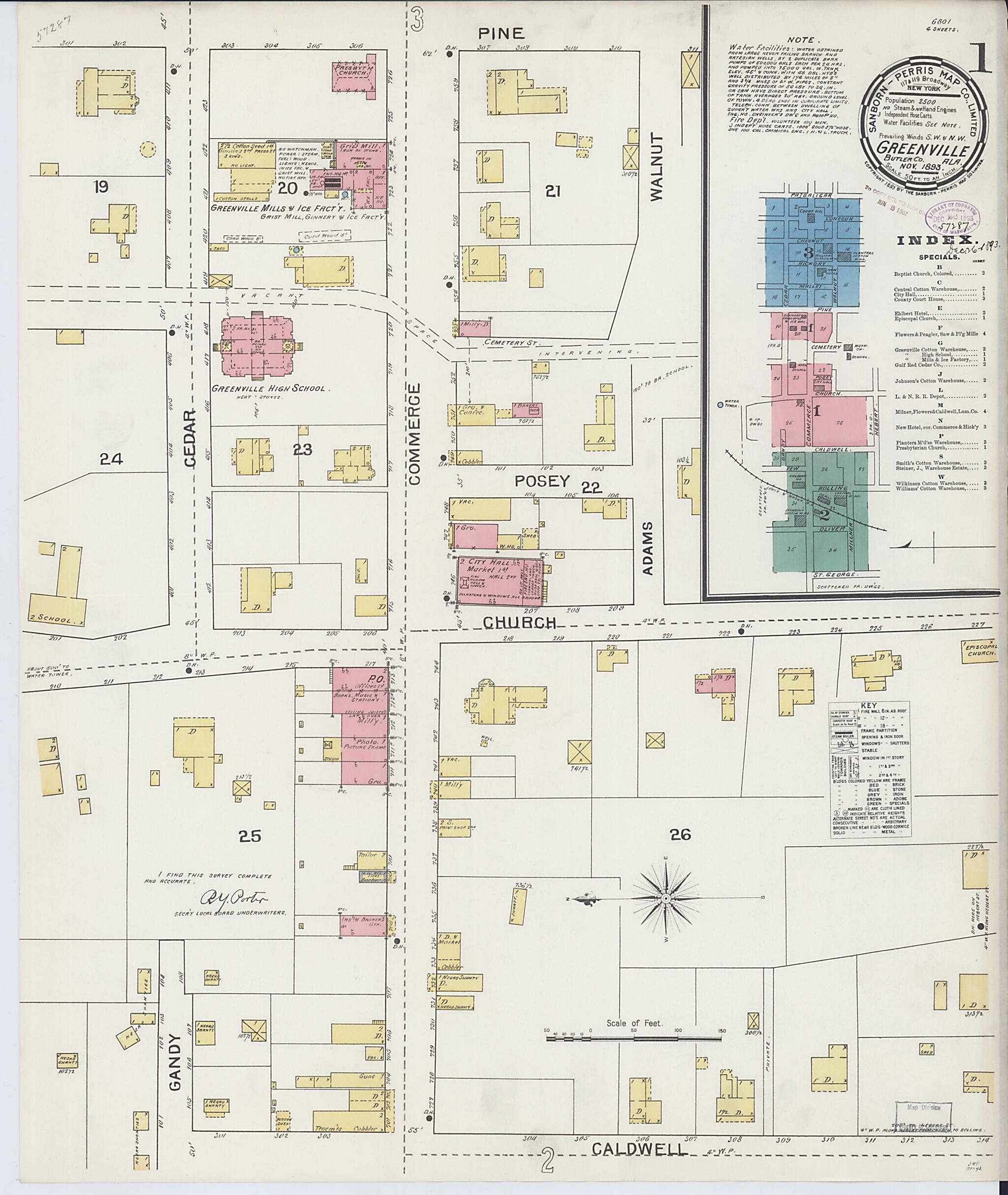 This old map of Greenville, Butler County, Alabama was created by Sanborn Map Company in 1893