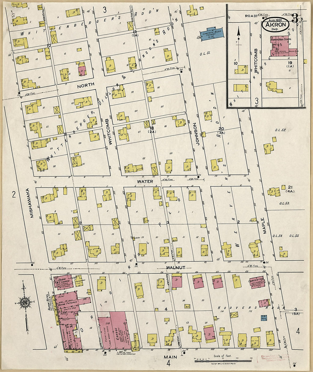 This old map of Akron, Fulton County, Indiana was created by Sanborn Map Company in 1920