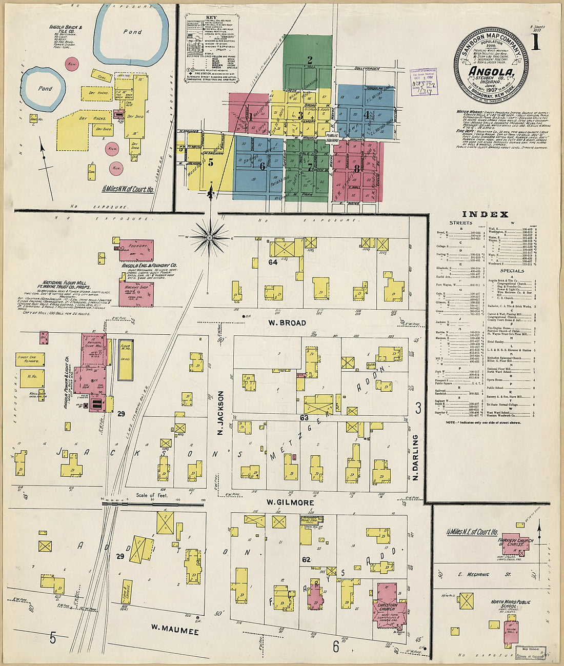 This old map of Angola, Steuben County, Indiana was created by Sanborn Map Company in 1907