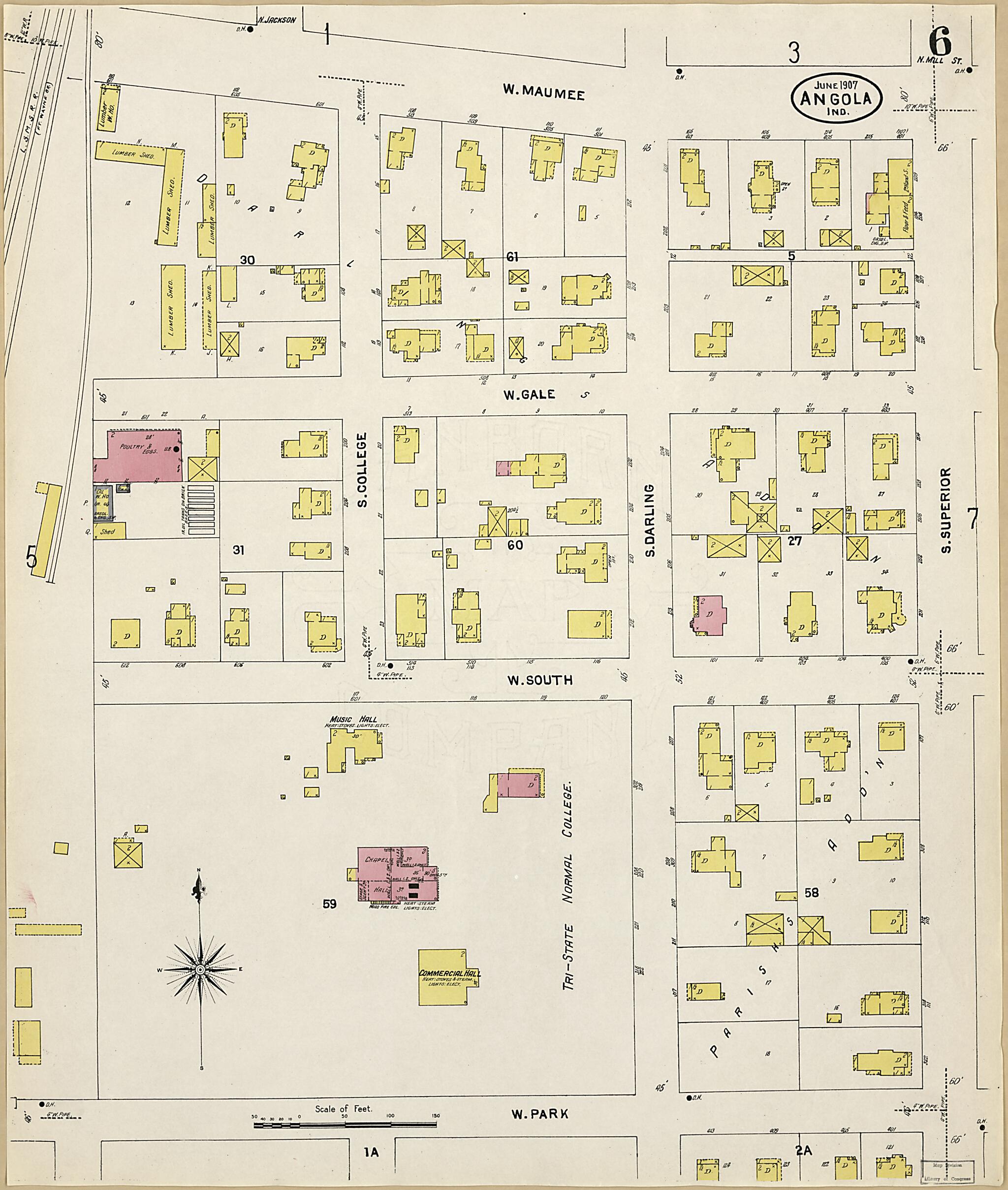 This old map of Angola, Steuben County, Indiana was created by Sanborn Map Company in 1907