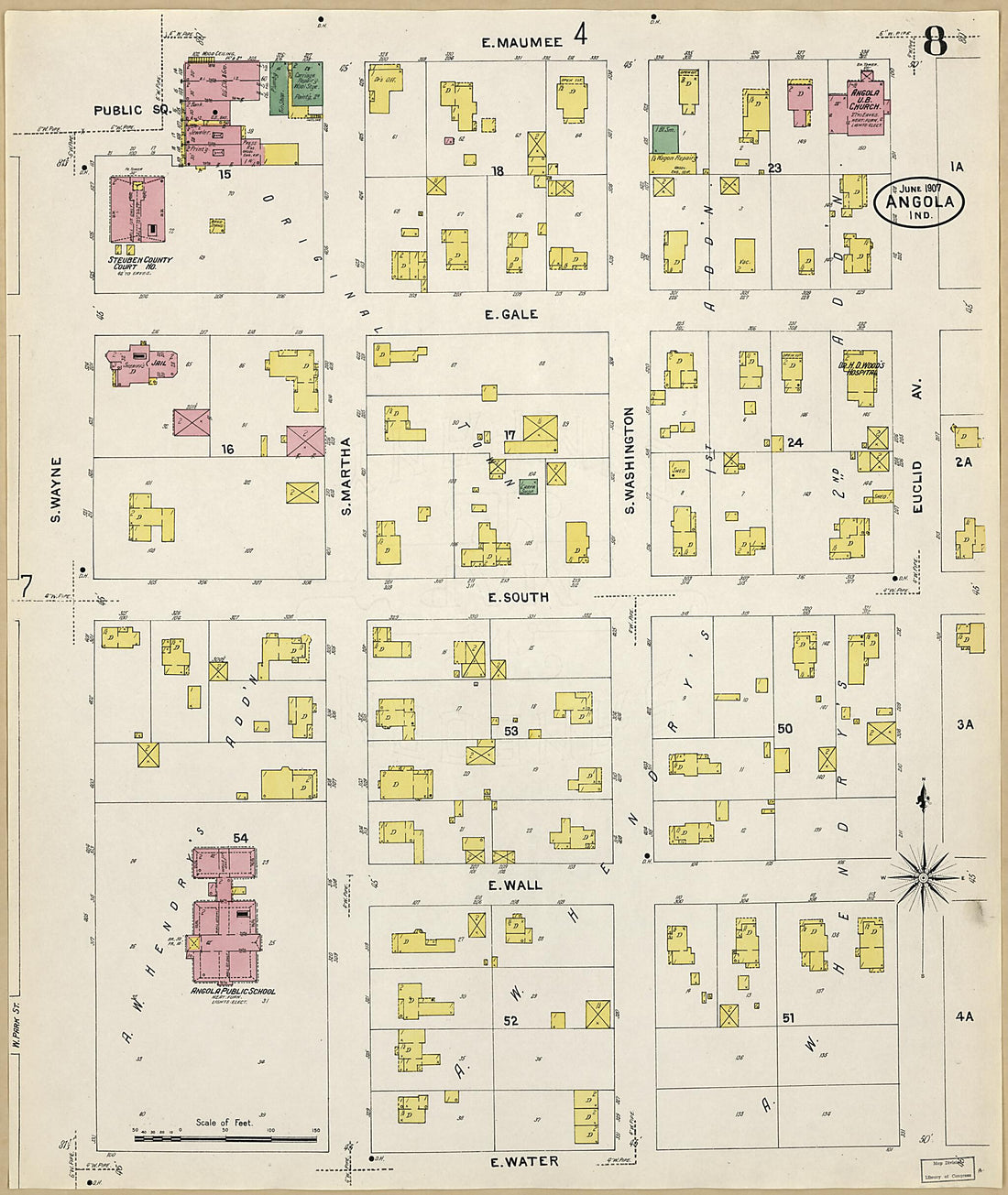 This old map of Angola, Steuben County, Indiana was created by Sanborn Map Company in 1907