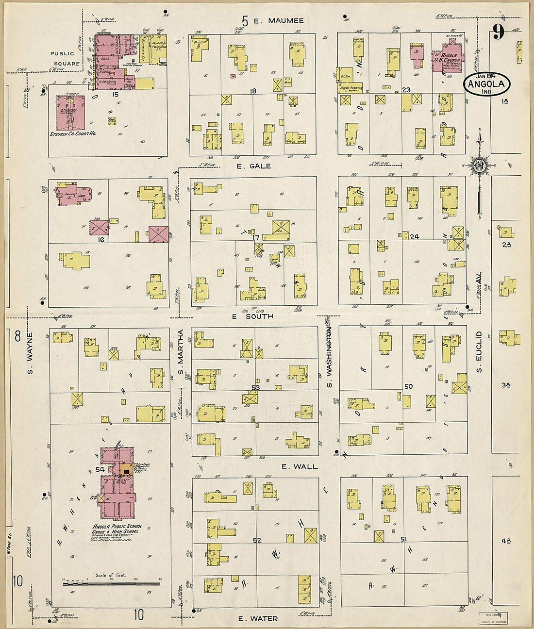 This old map of Angola, Steuben County, Indiana was created by Sanborn Map Company in 1914