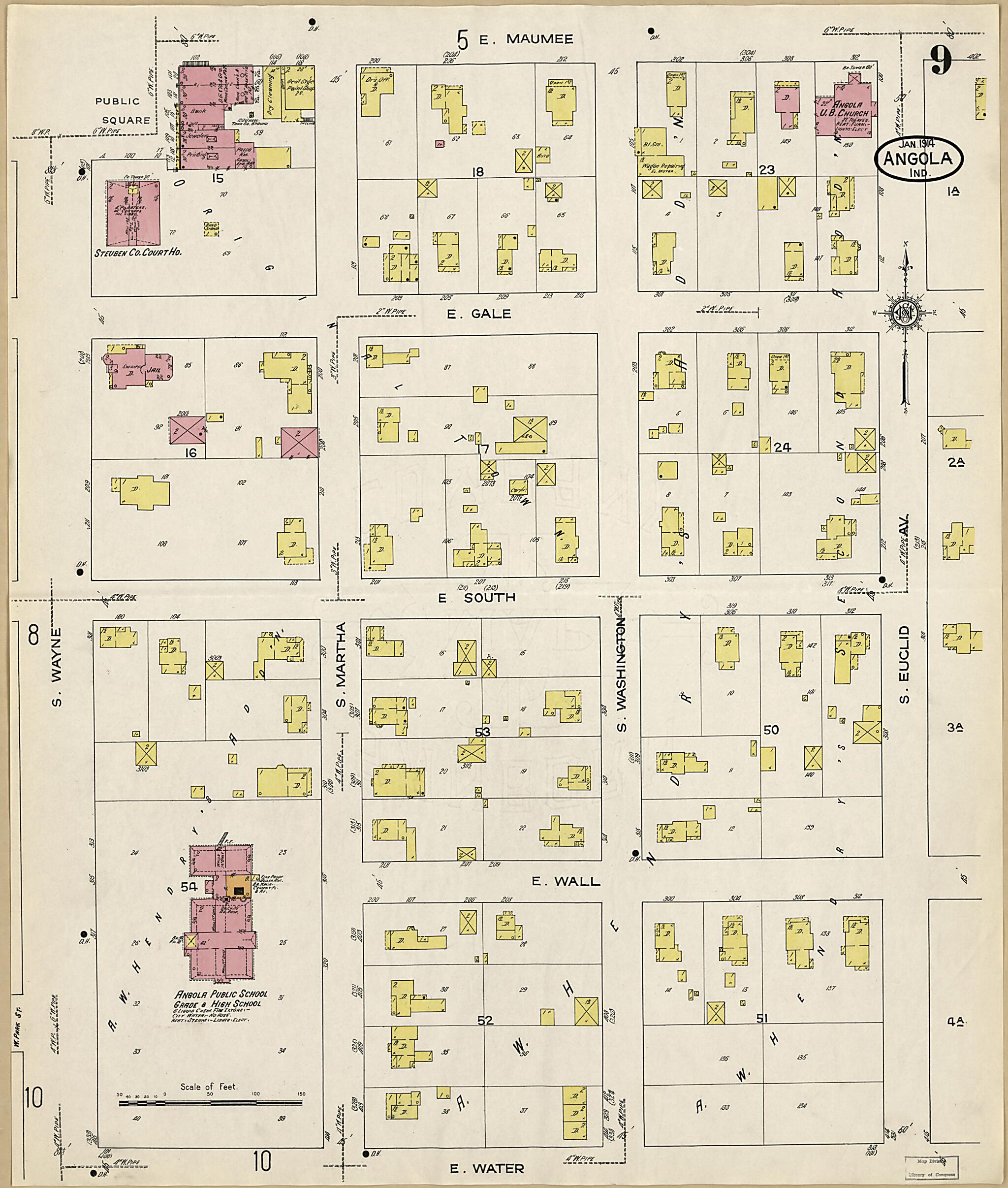 This old map of Angola, Steuben County, Indiana was created by Sanborn Map Company in 1914