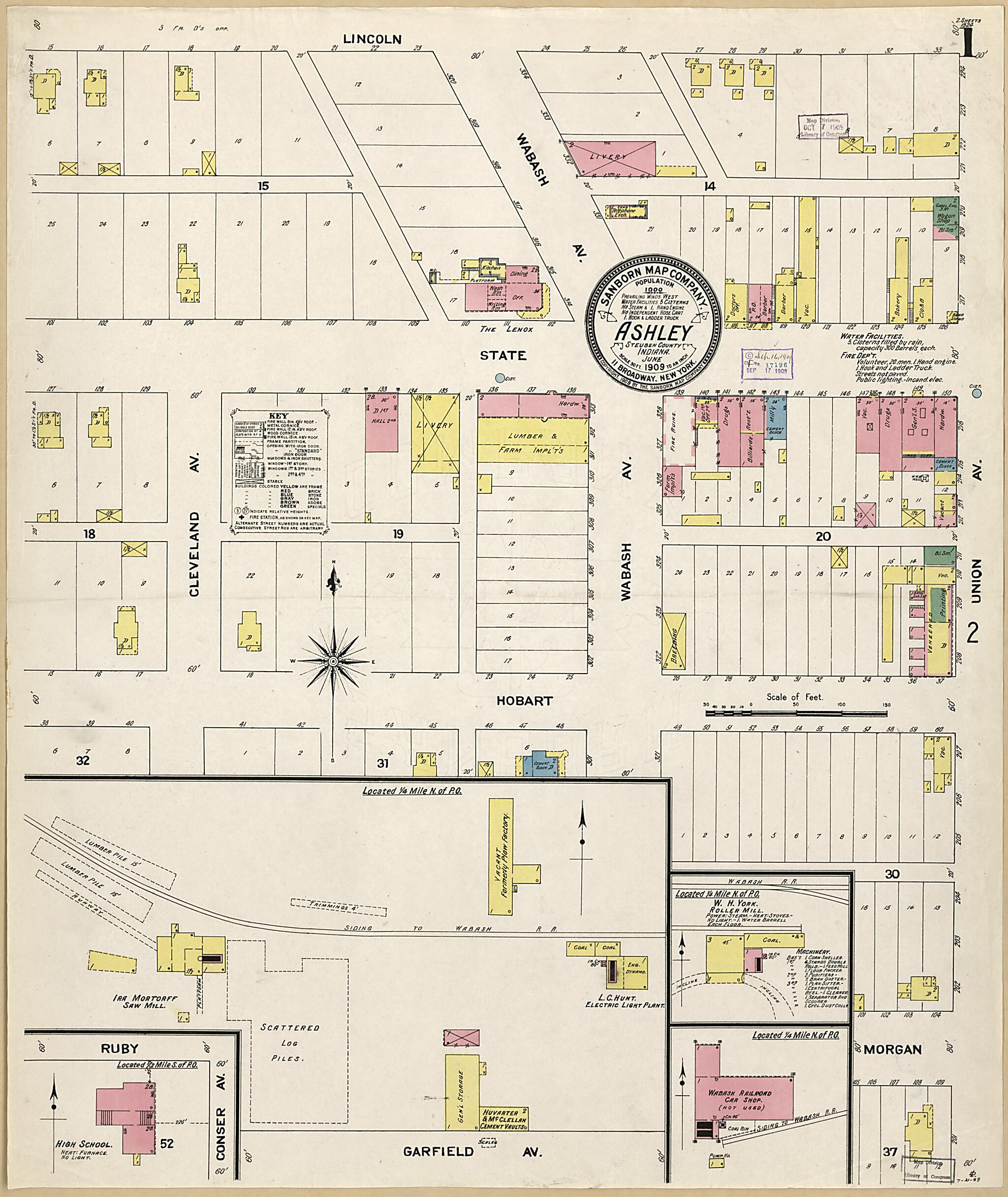 This old map of Ashley, Steuben County, Indiana was created by Sanborn Map Company in 1909