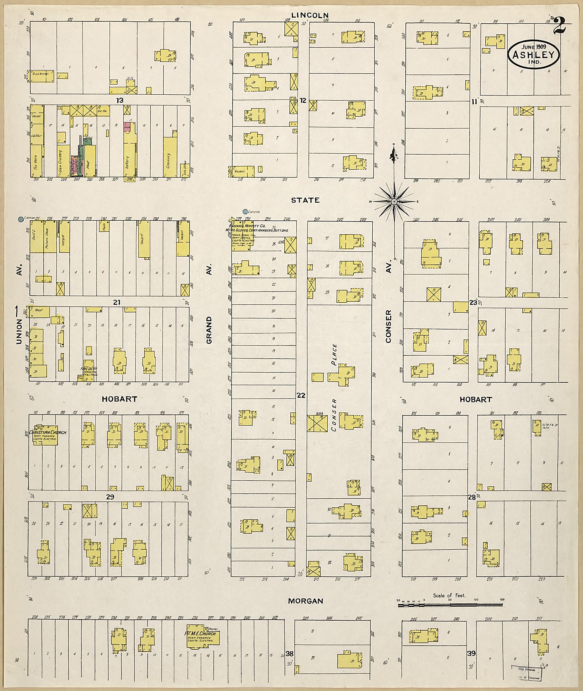 This old map of Ashley, Steuben County, Indiana was created by Sanborn Map Company in 1909