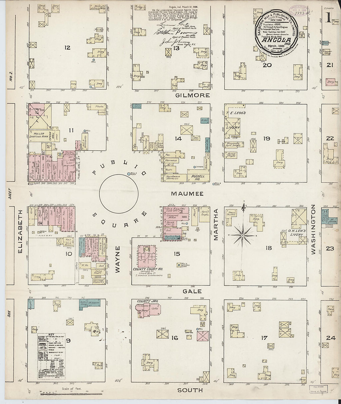 This old map of Angola, Steuben County, Indiana was created by Sanborn Map Company in 1886
